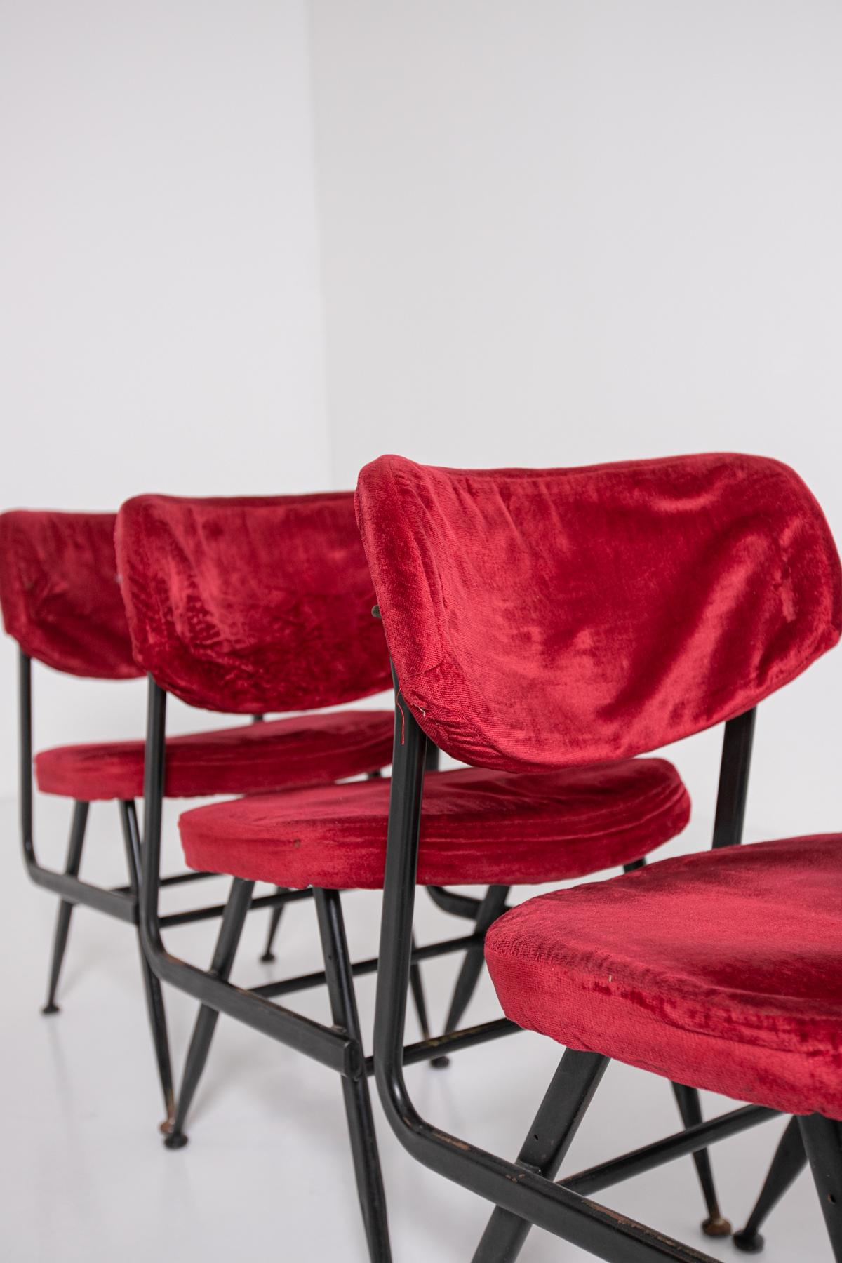 Italian Chairs Set of Six in Red Velvet and Iron, 1950s 8