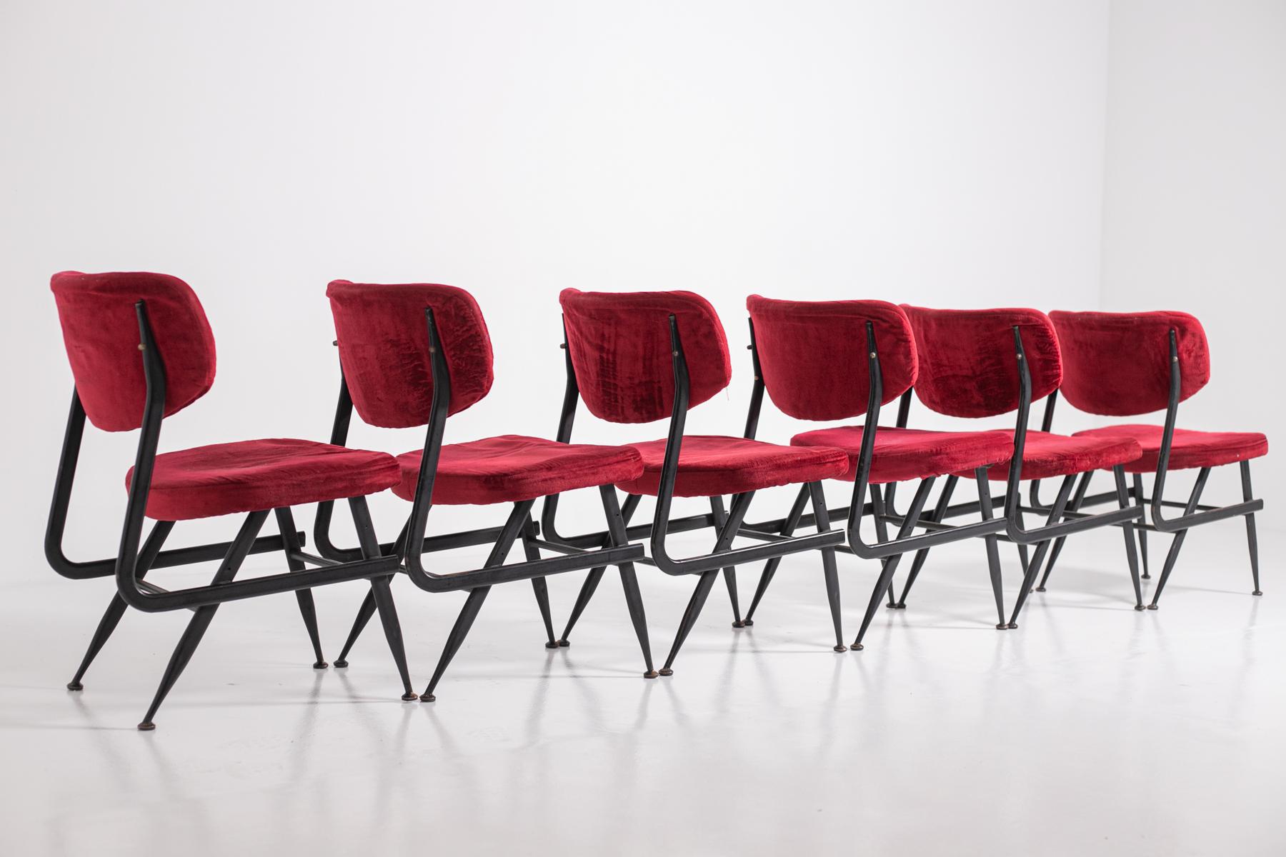 Italian Chairs Set of Six in Red Velvet and Iron, 1950s 12