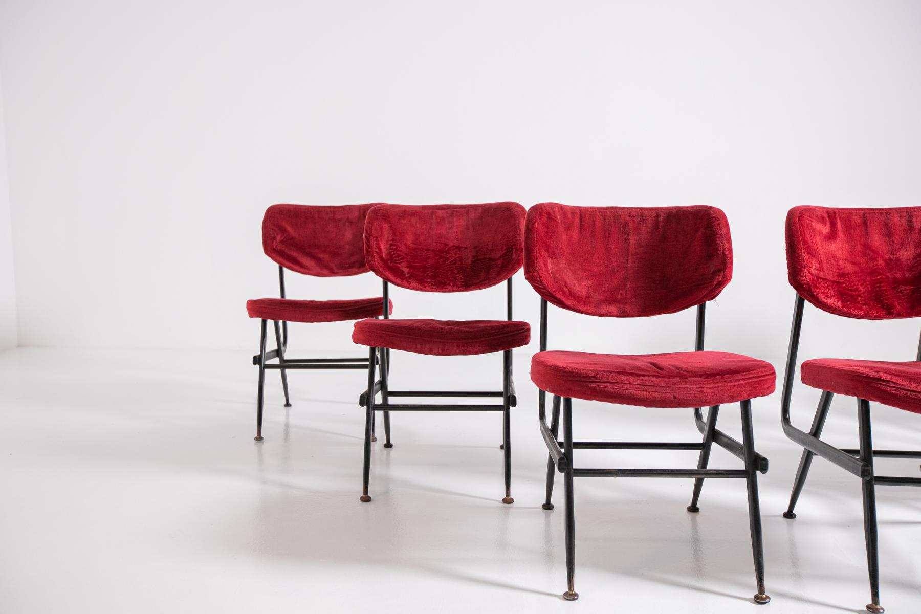 Mid-Century Modern Italian Chairs Set of Six in Red Velvet and Iron, 1950s