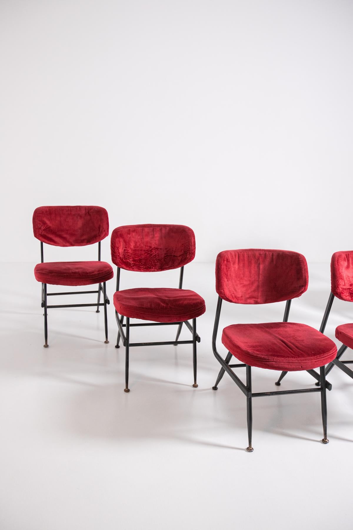 European Italian Chairs Set of Six in Red Velvet and Iron, 1950s