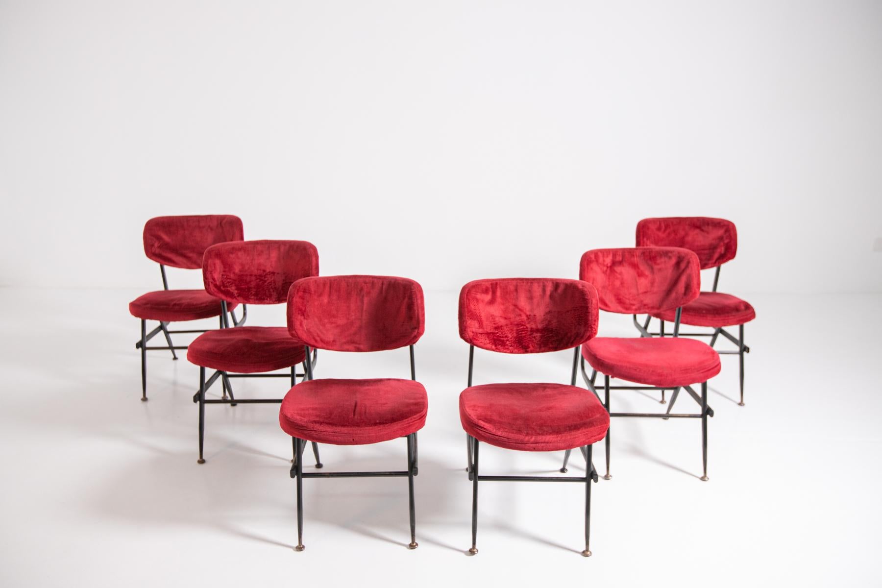Italian Chairs Set of Six in Red Velvet and Iron, 1950s In Good Condition In Milano, IT