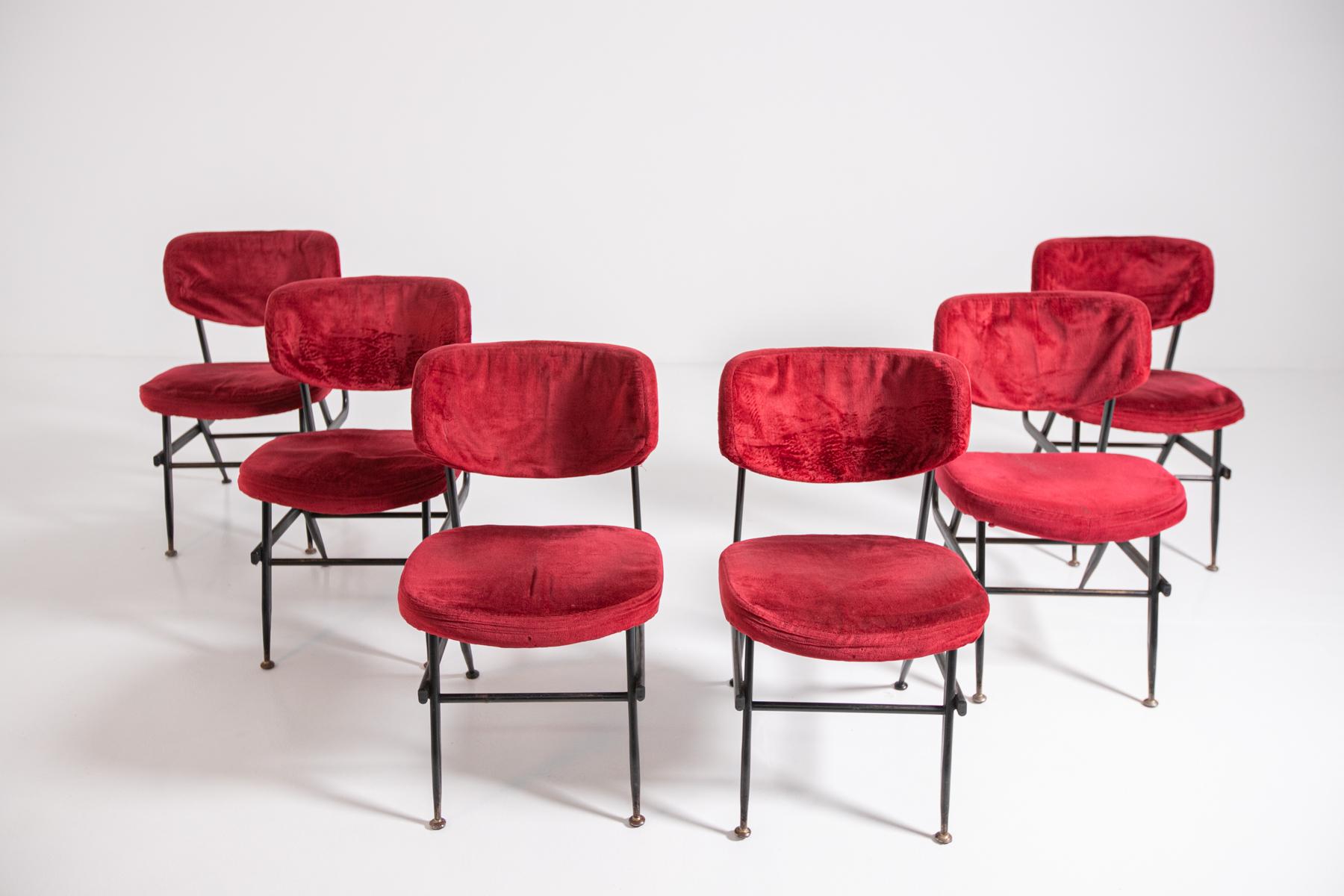 Mid-20th Century Italian Chairs Set of Six in Red Velvet and Iron, 1950s