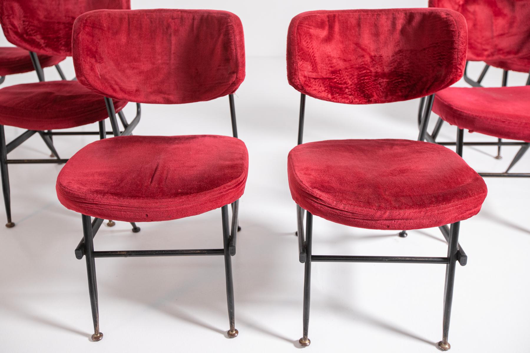 Brass Italian Chairs Set of Six in Red Velvet and Iron, 1950s