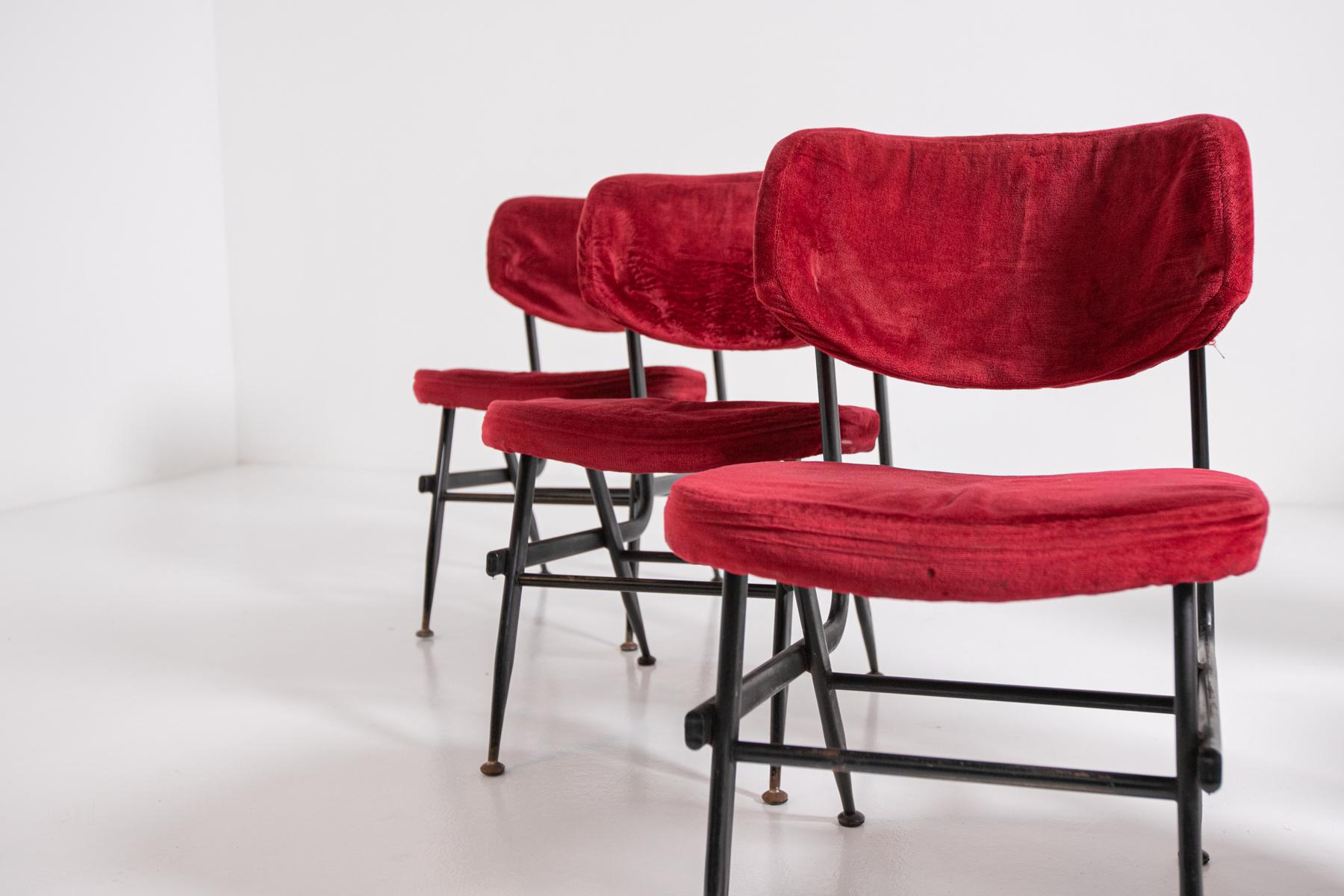 Italian Chairs Set of Six in Red Velvet and Iron, 1950s 1