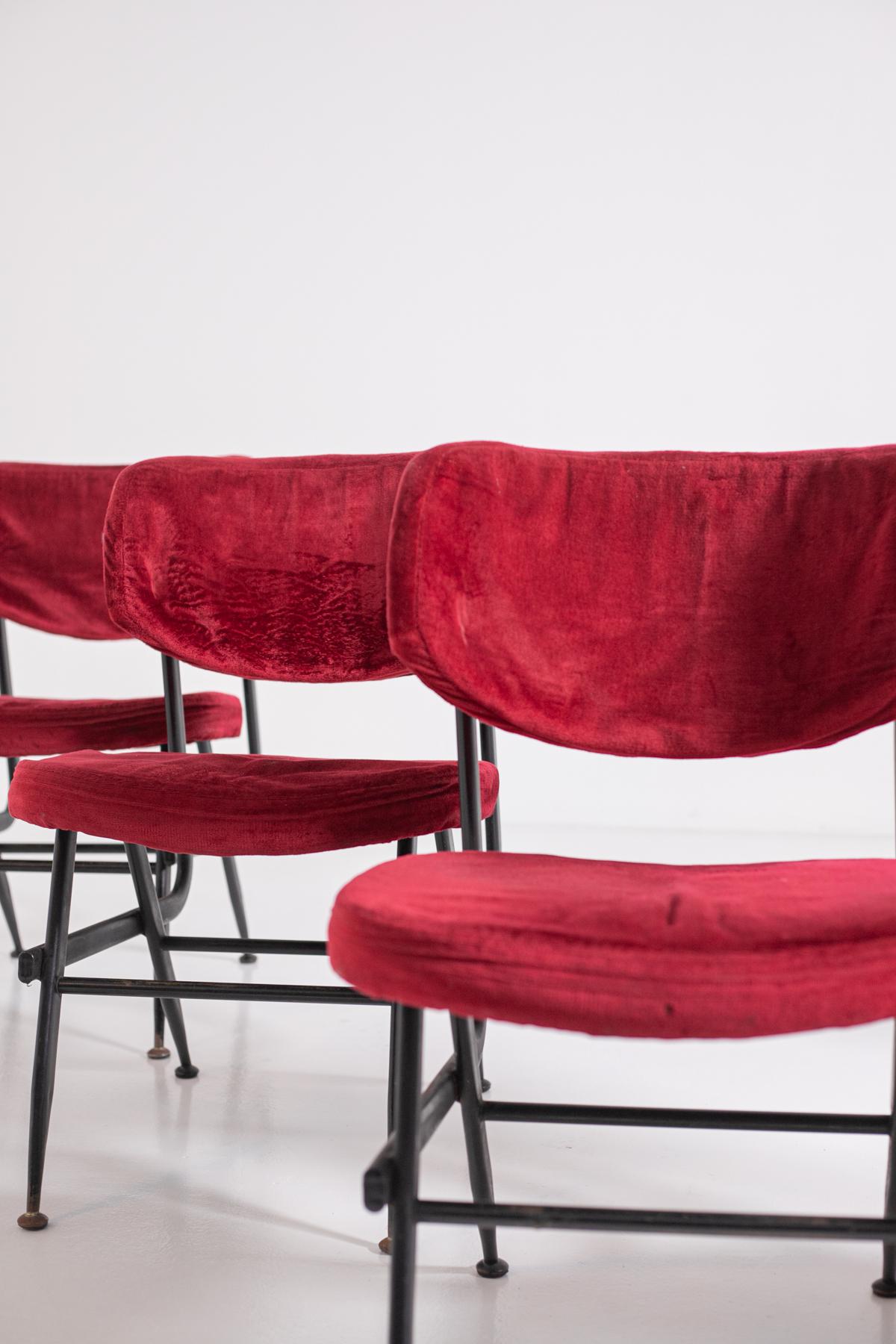 Italian Chairs Set of Six in Red Velvet and Iron, 1950s 2