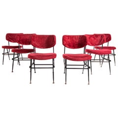 Italian Chairs Set of Six in Red Velvet and Iron, 1950s