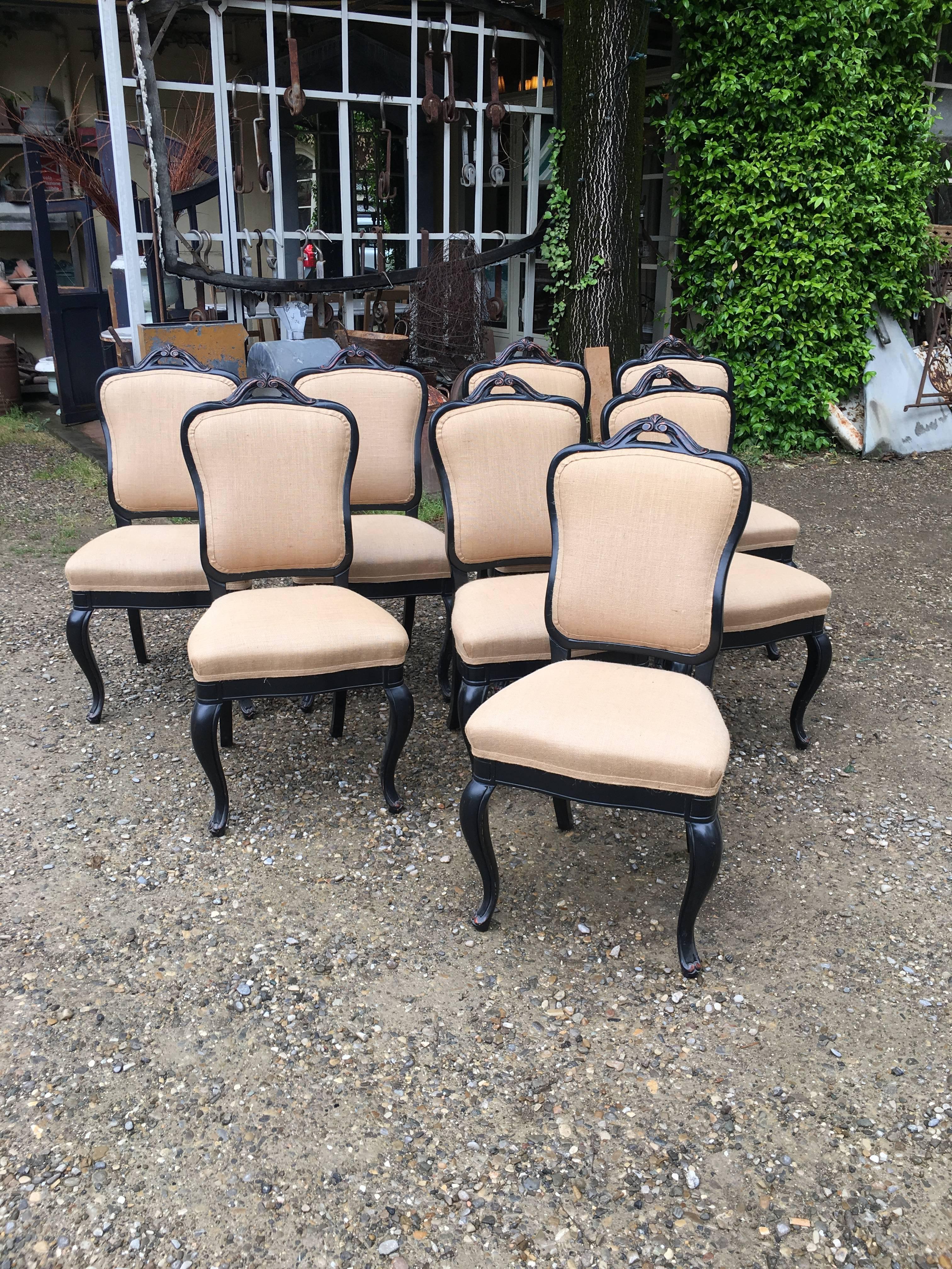 Italian chairs with inlaid coated wood and Juta in the Luis Philip Manner.
On demand this product could be customized in color and fabric
8 pieces available.