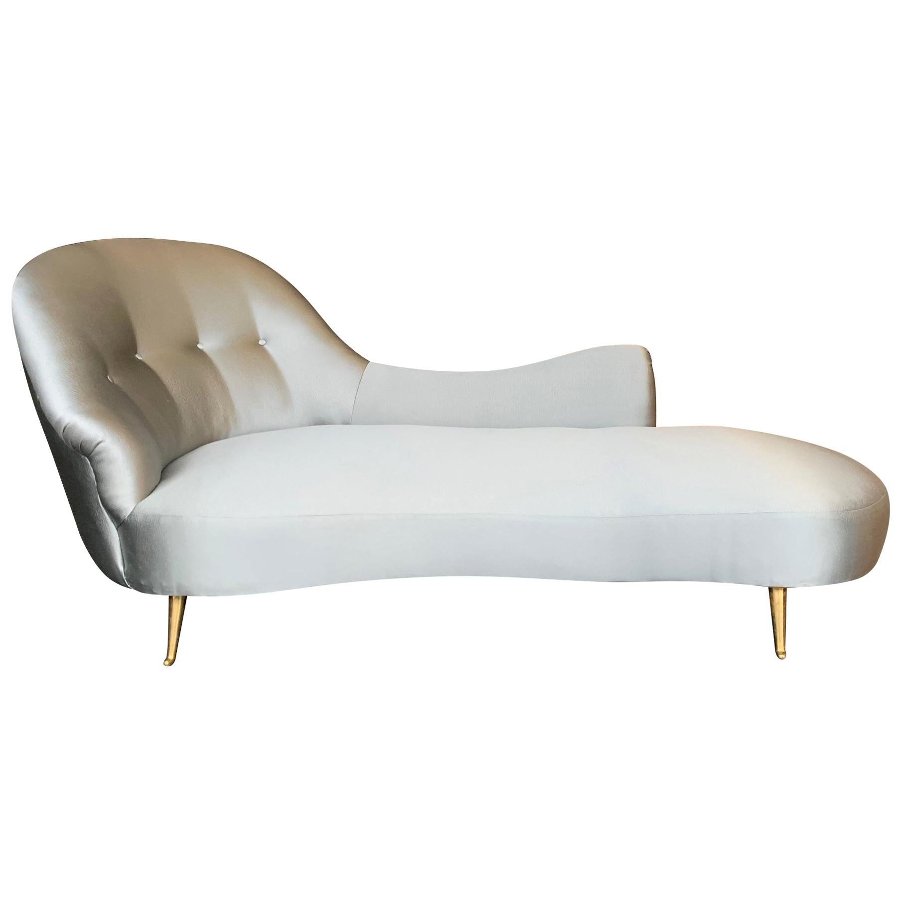 Italian Chaise Longue Upholstered in Champagne Grey Fabric with Brass Feet