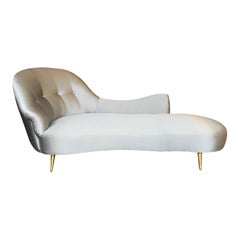 Italian Chaise Longue Upholstered in Silver Grey Fabric with Brass Feet