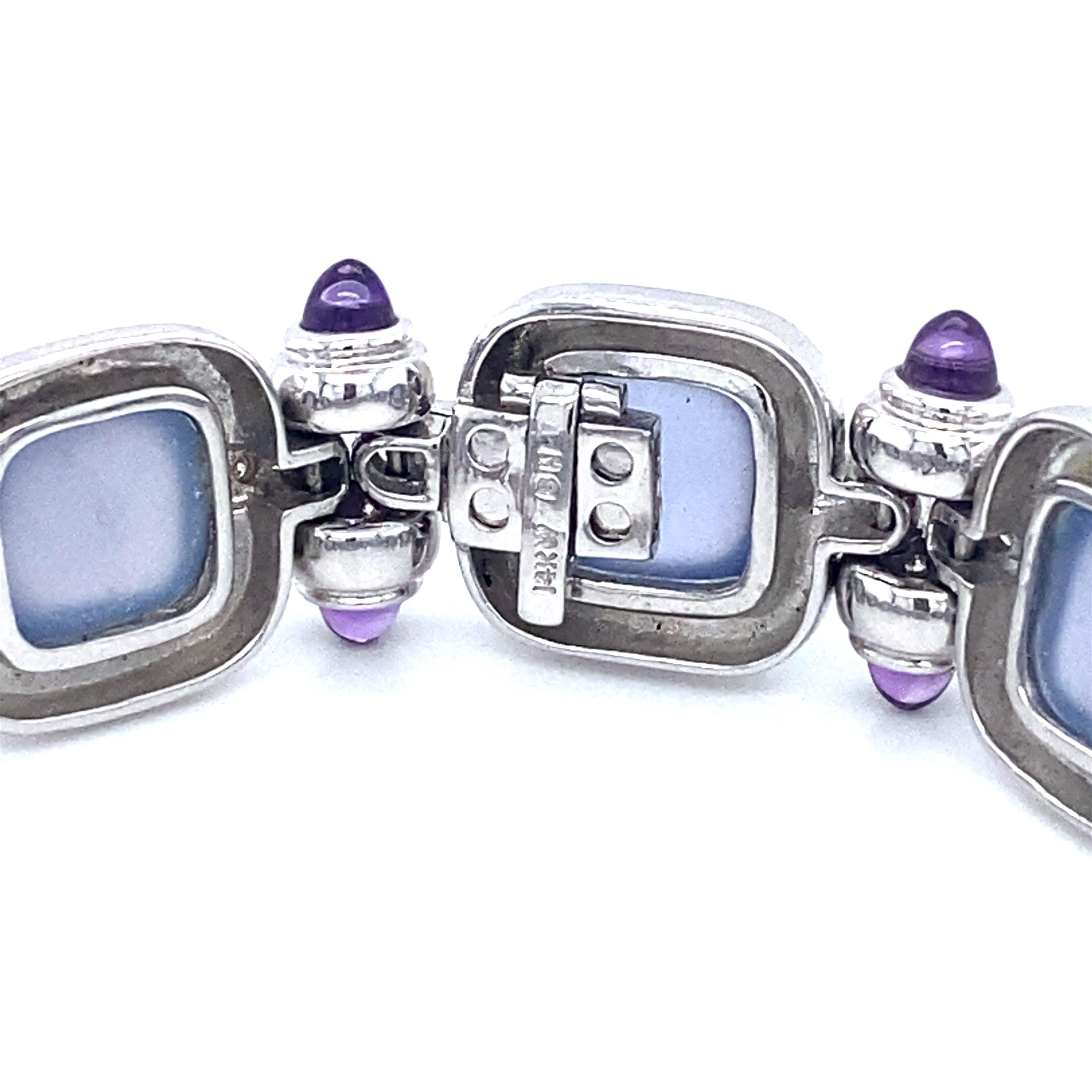 Cabochon Italian Chalcedony and Amethyst Bracelet with Diamonds in 14 Karat White Gold