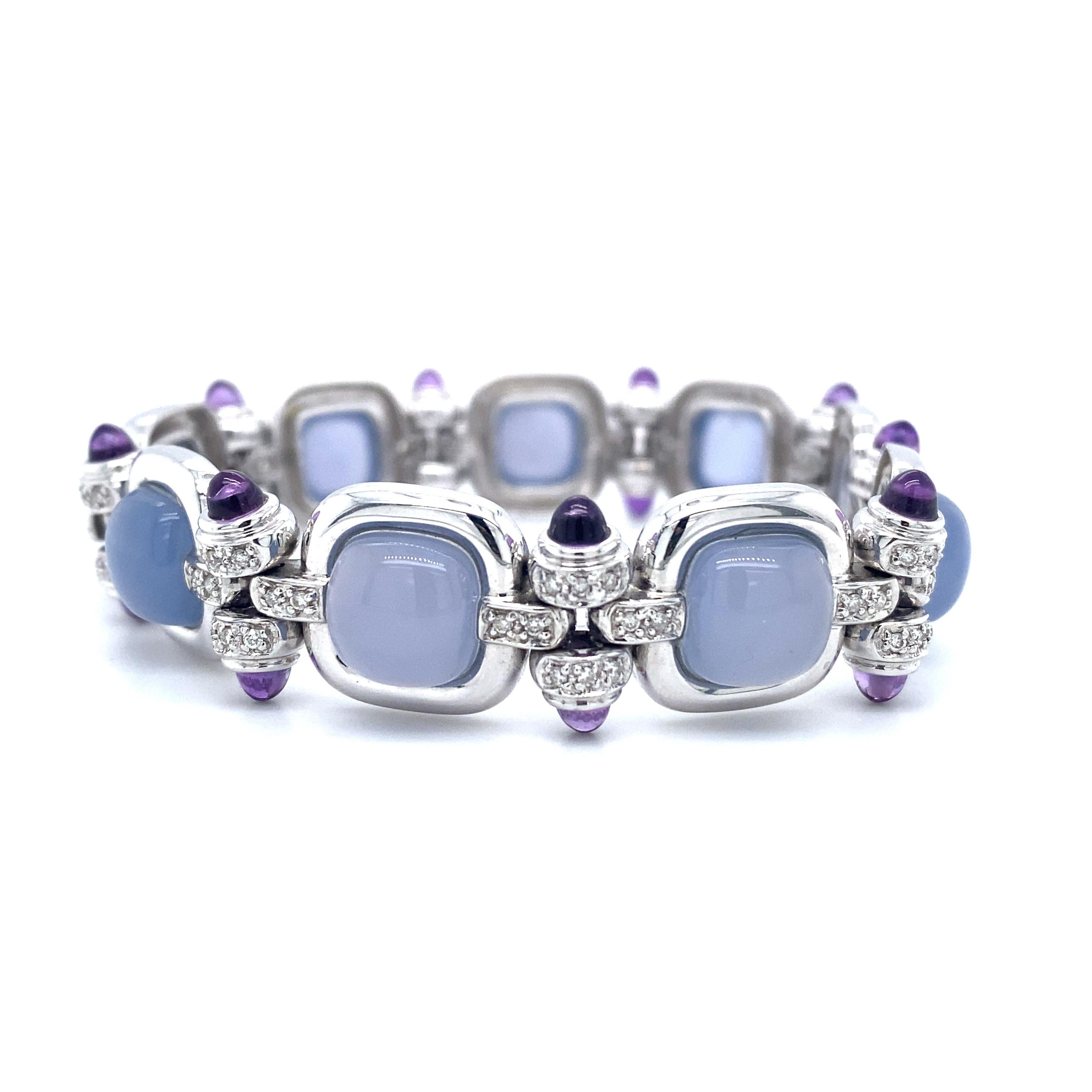 Italian Chalcedony and Amethyst Bracelet with Diamonds in 14 Karat White Gold In Excellent Condition In Atlanta, GA
