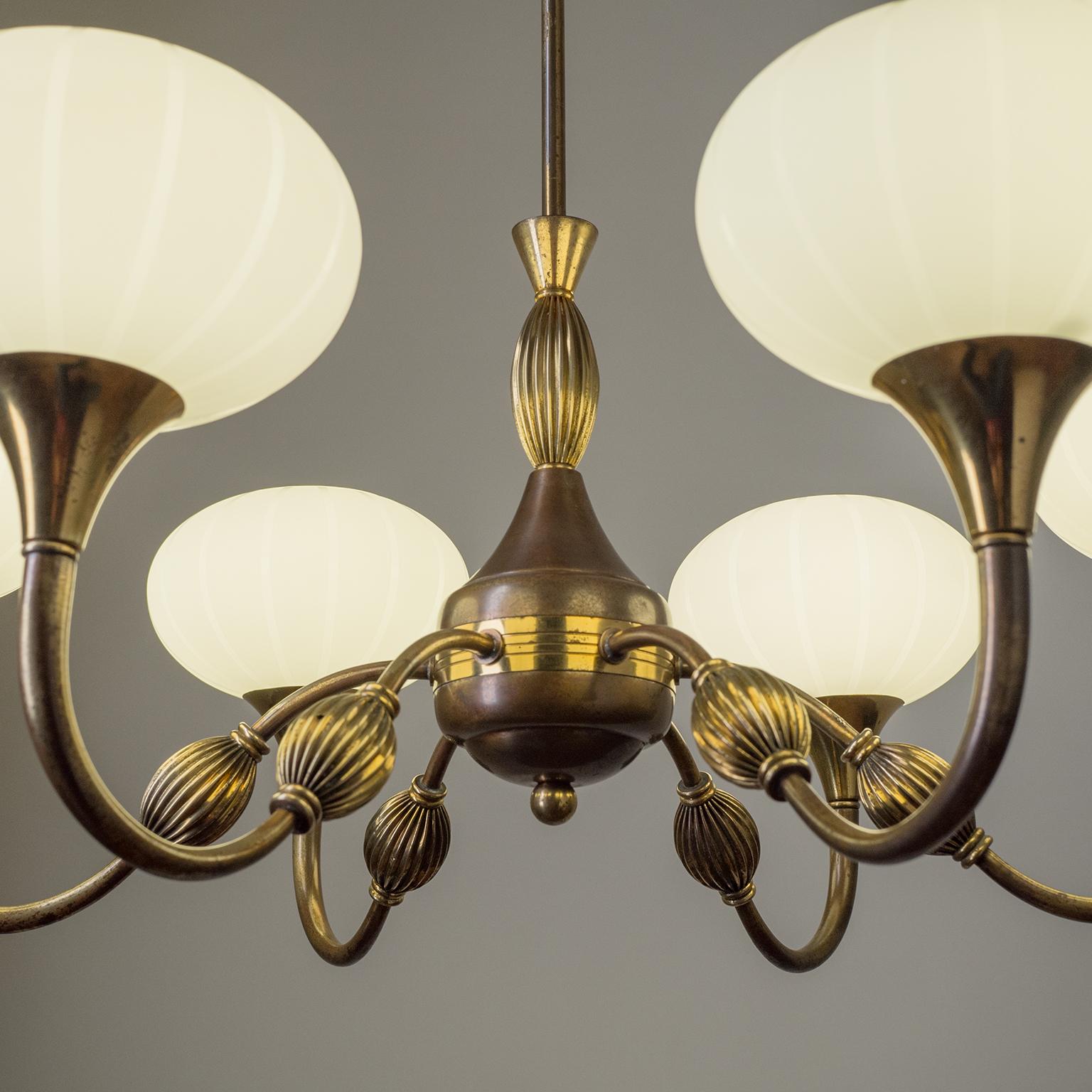 Frosted Italian Chandelier, 1940s, Striped Glass and Brass