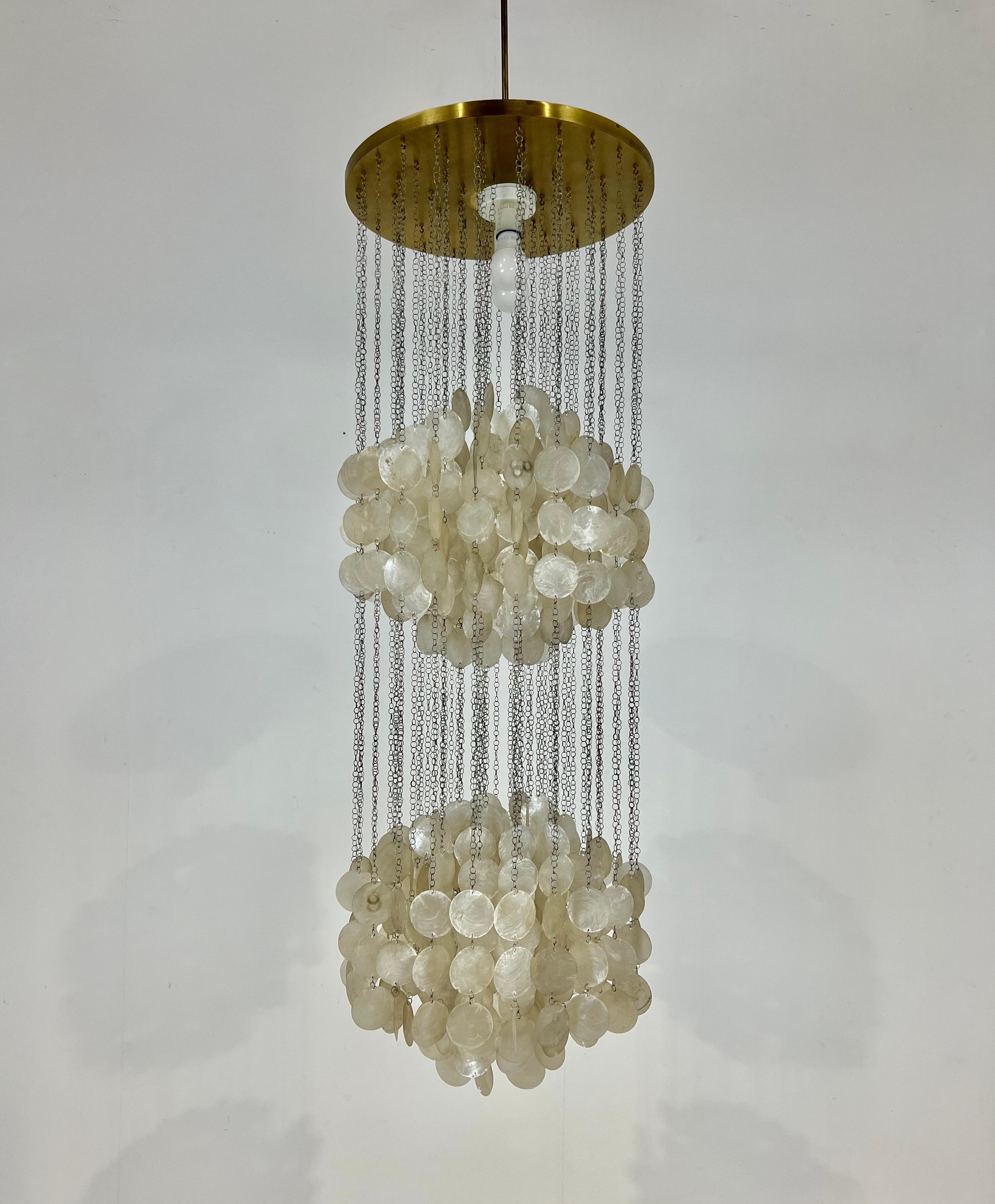 Mother of pearl and brass chandelier. 2 Points of light. Wear due to time and age of the chandelier.