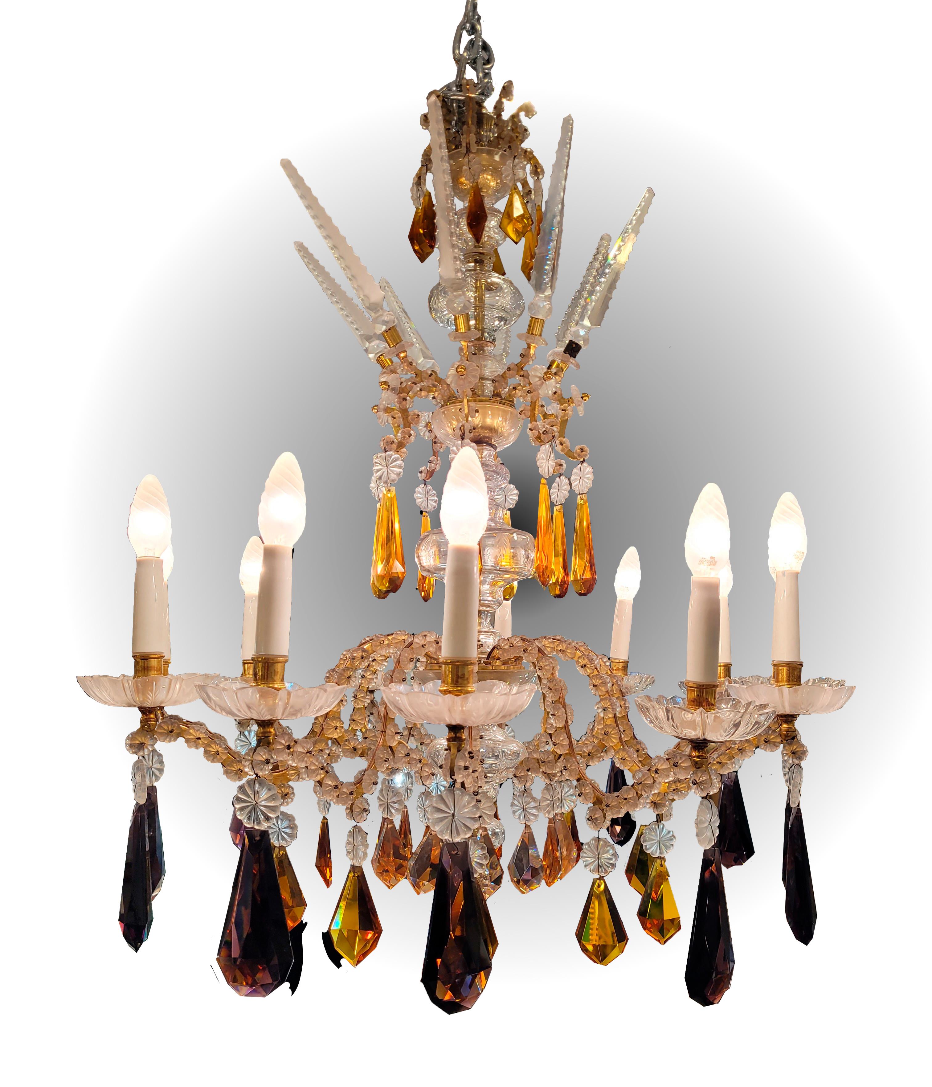 Italian Chandelier 40s in cut glass in purple and amber colors In Good Condition For Sale In Valladolid, ES