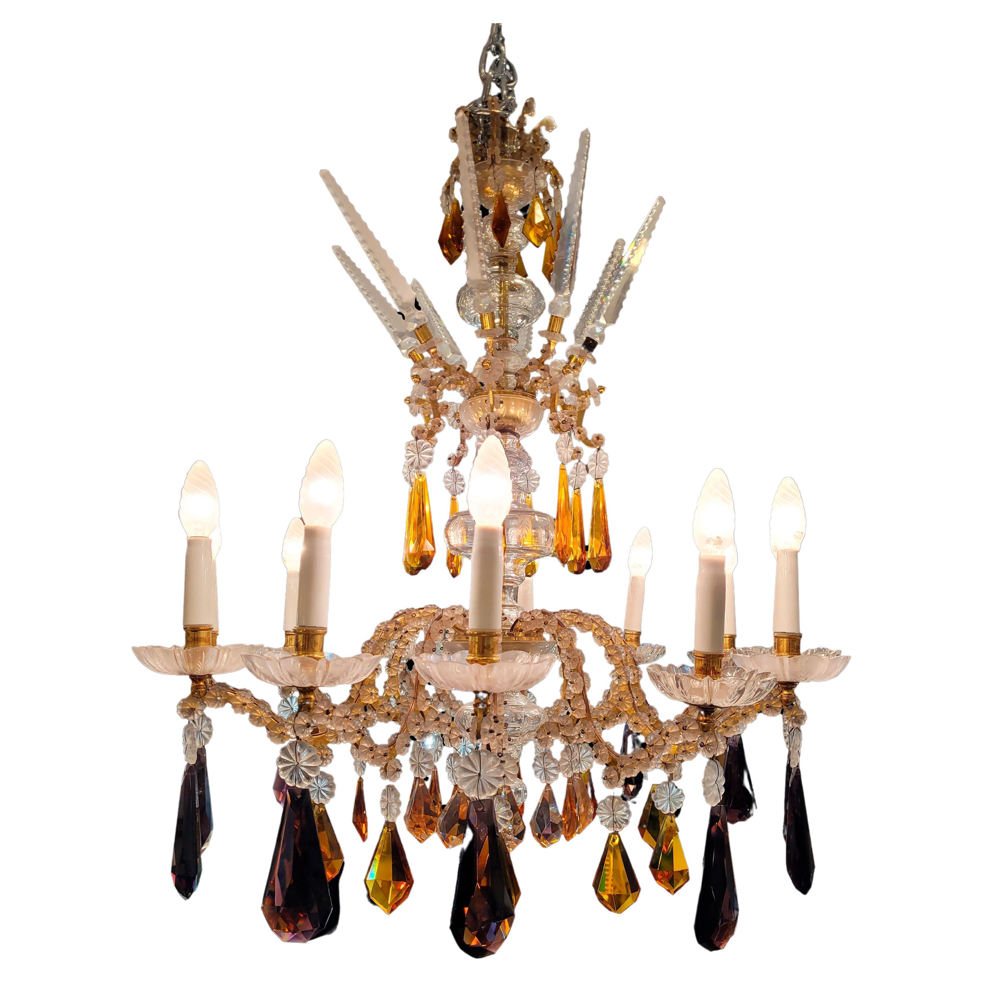 Italian Chandelier 40s in cut glass in purple and amber colors For Sale