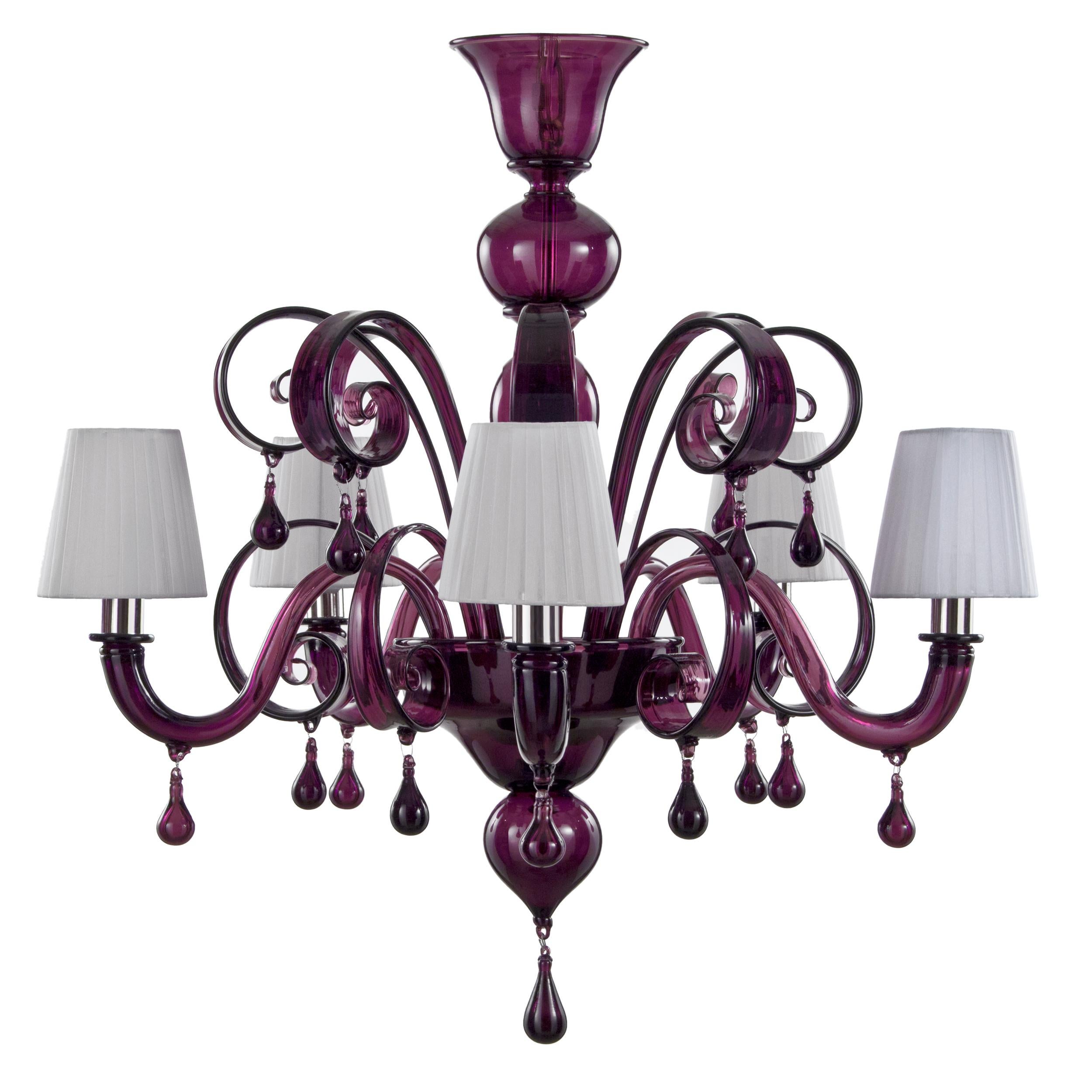 XXI secolo e contemporaneo Lampadario italiano a 5 bracci in vetro di Murano ametista e gocce di Multiforme in stock in vendita