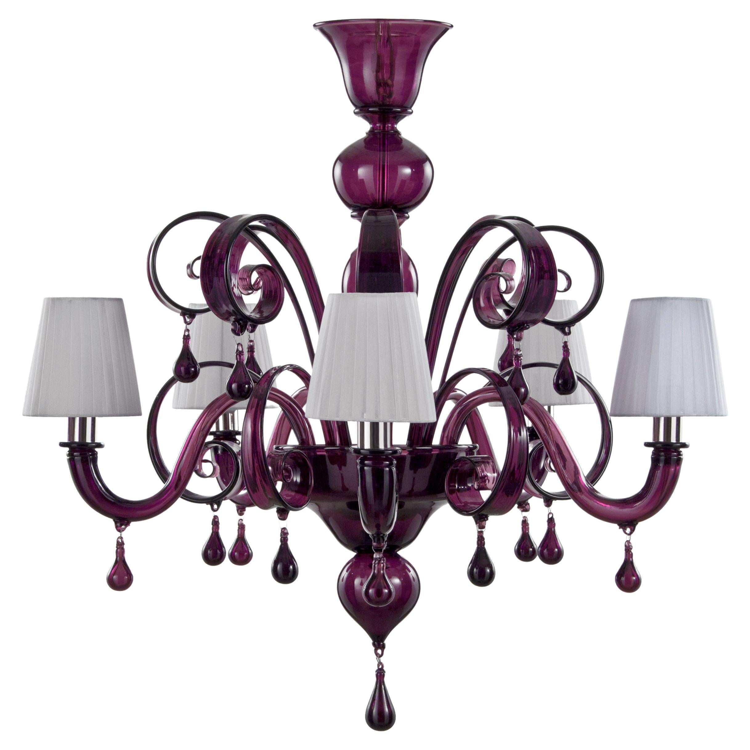 Italian Chandelier 5 Arms Amethyst Murano Glass and Drops by Multiforme in Stock For Sale