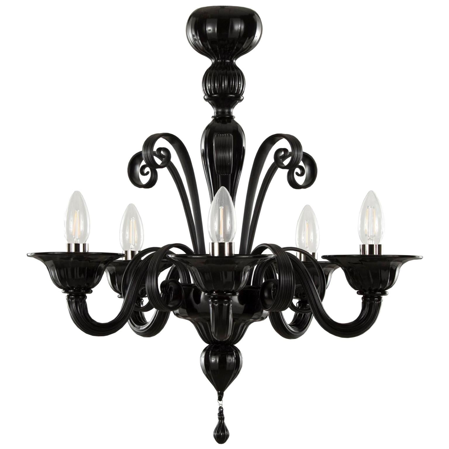 Italian Chandelier 5 Arms Black Murano Glass by Multiforme For Sale