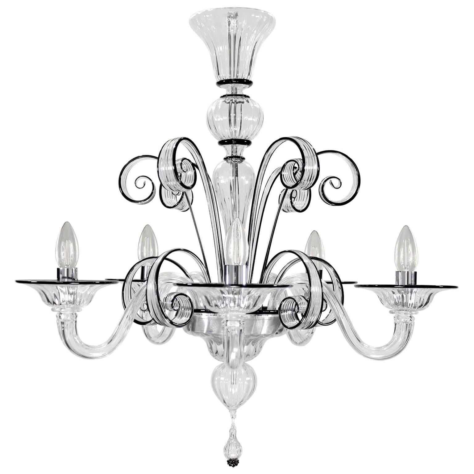Italian Chandelier 5 Arms Clear Murano Glass Black Details by Multiforme For Sale