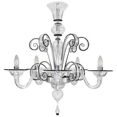 Italian Chandelier 5 Arms Clear Murano Glass Black Details by Multiforme
