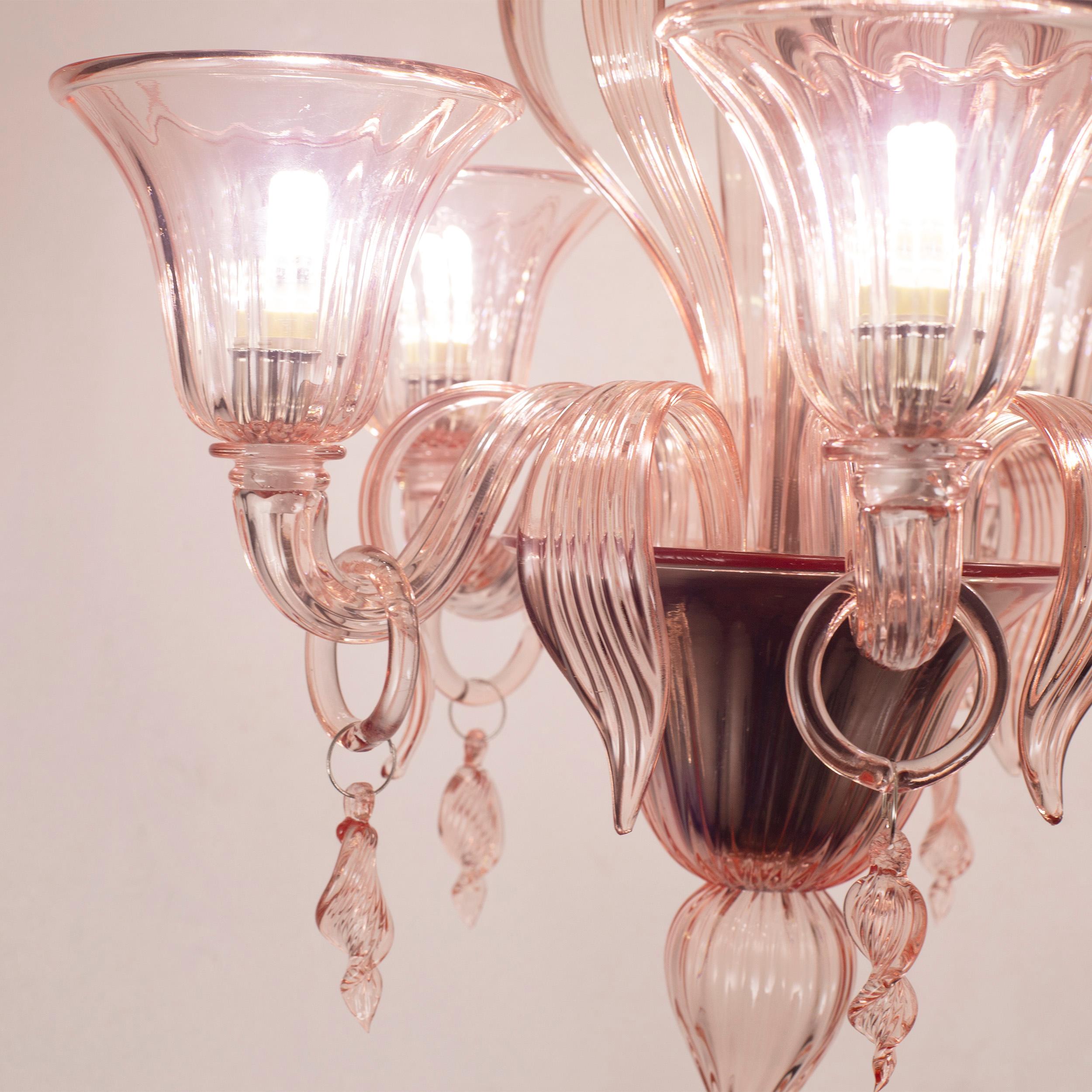 Other Italian Chandelier 5 Arms Pink Murano Glass Fluage by Multiforme  For Sale