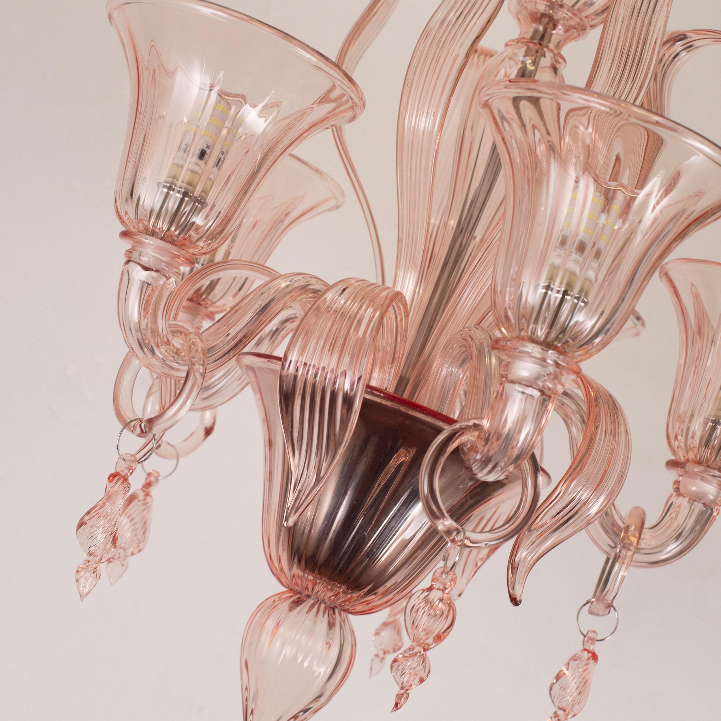 Italian Chandelier 5 Arms Pink Murano Glass Fluage by Multiforme  In New Condition For Sale In Trebaseleghe, IT