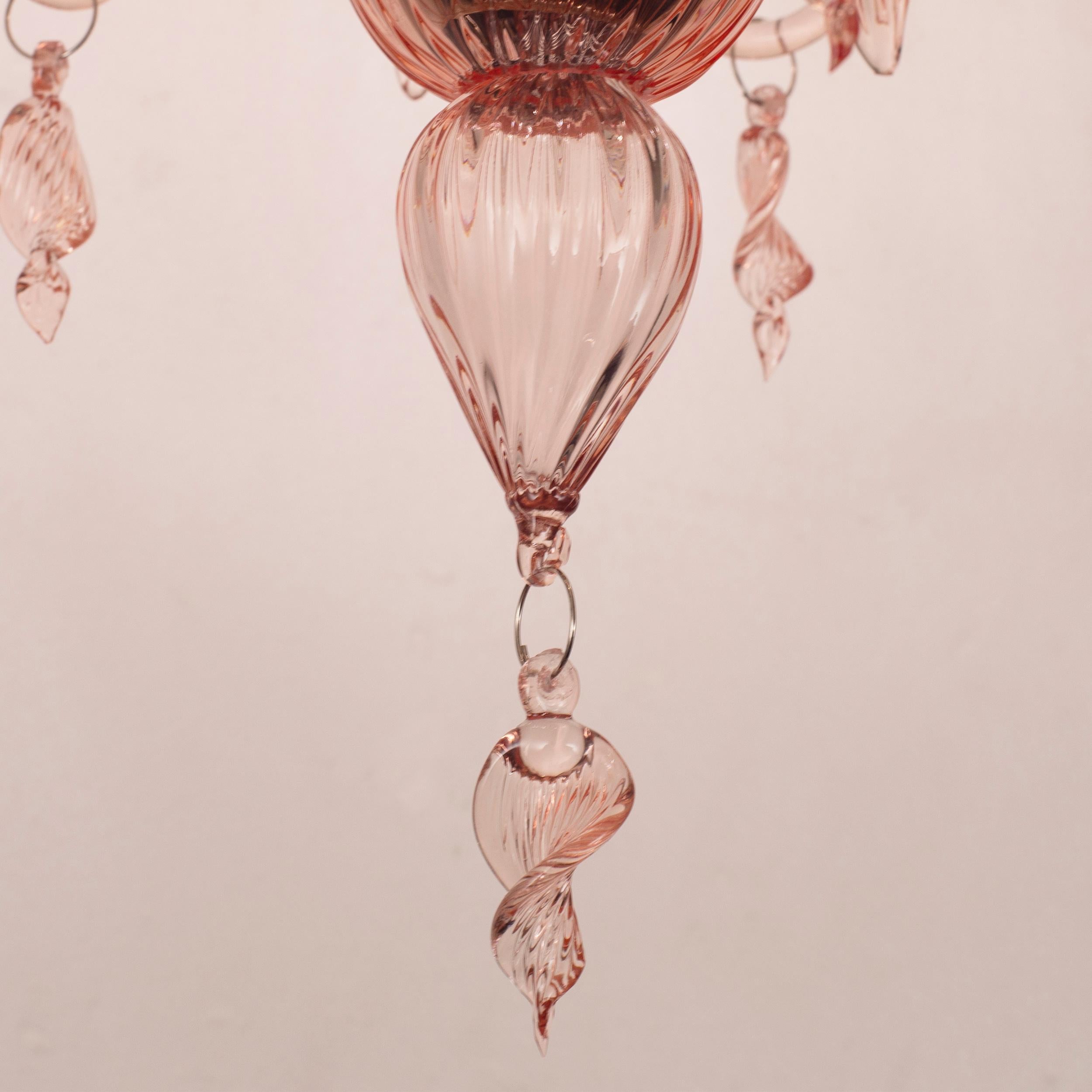 Blown Glass Italian Chandelier 5 Arms Pink Murano Glass Fluage by Multiforme  For Sale