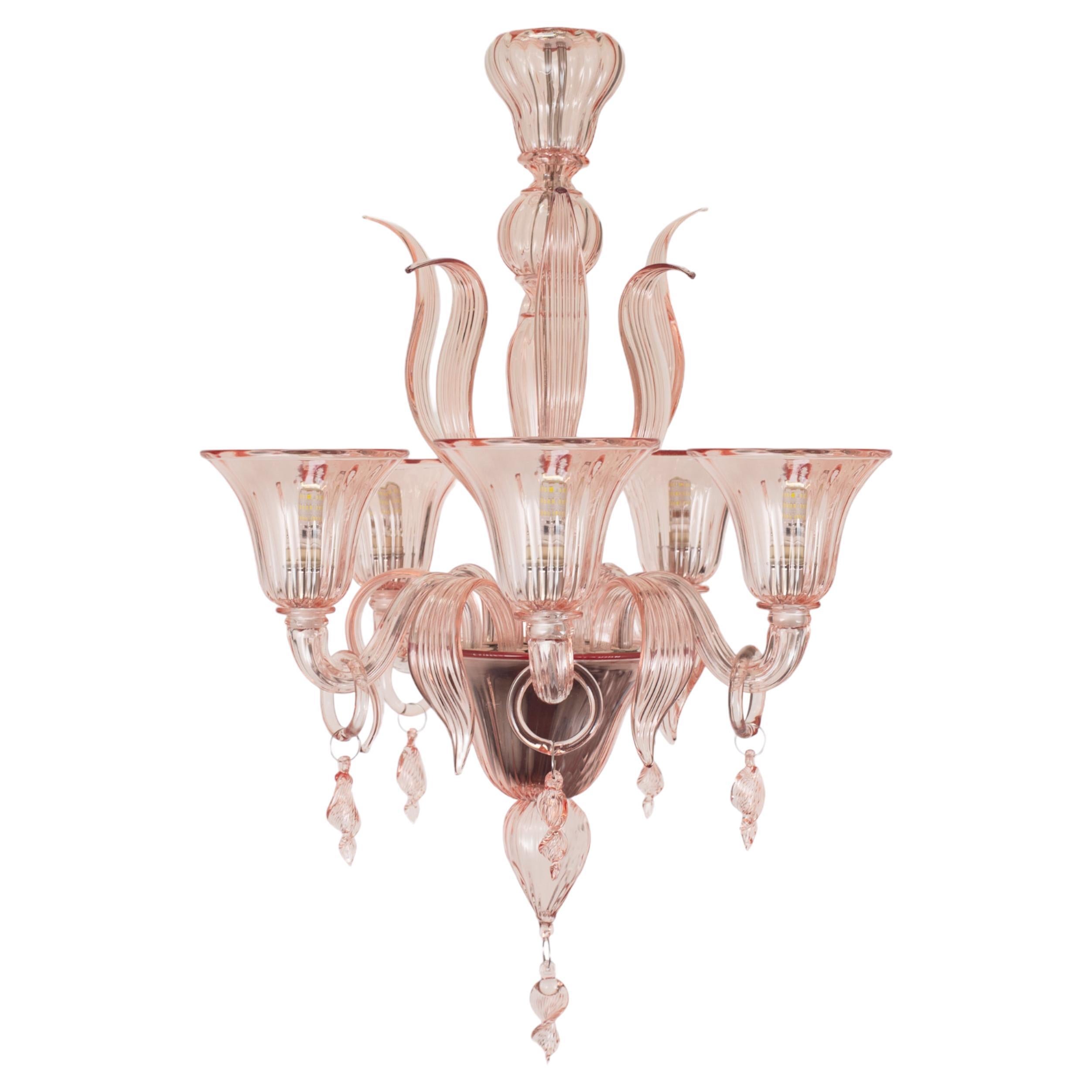 Italian Chandelier 5 Arms Pink Murano Glass Fluage by Multiforme 