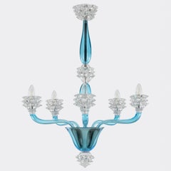 Italian Chandelier 5 arms Sky blue and clear Rostri Murano Glass by Multiforme