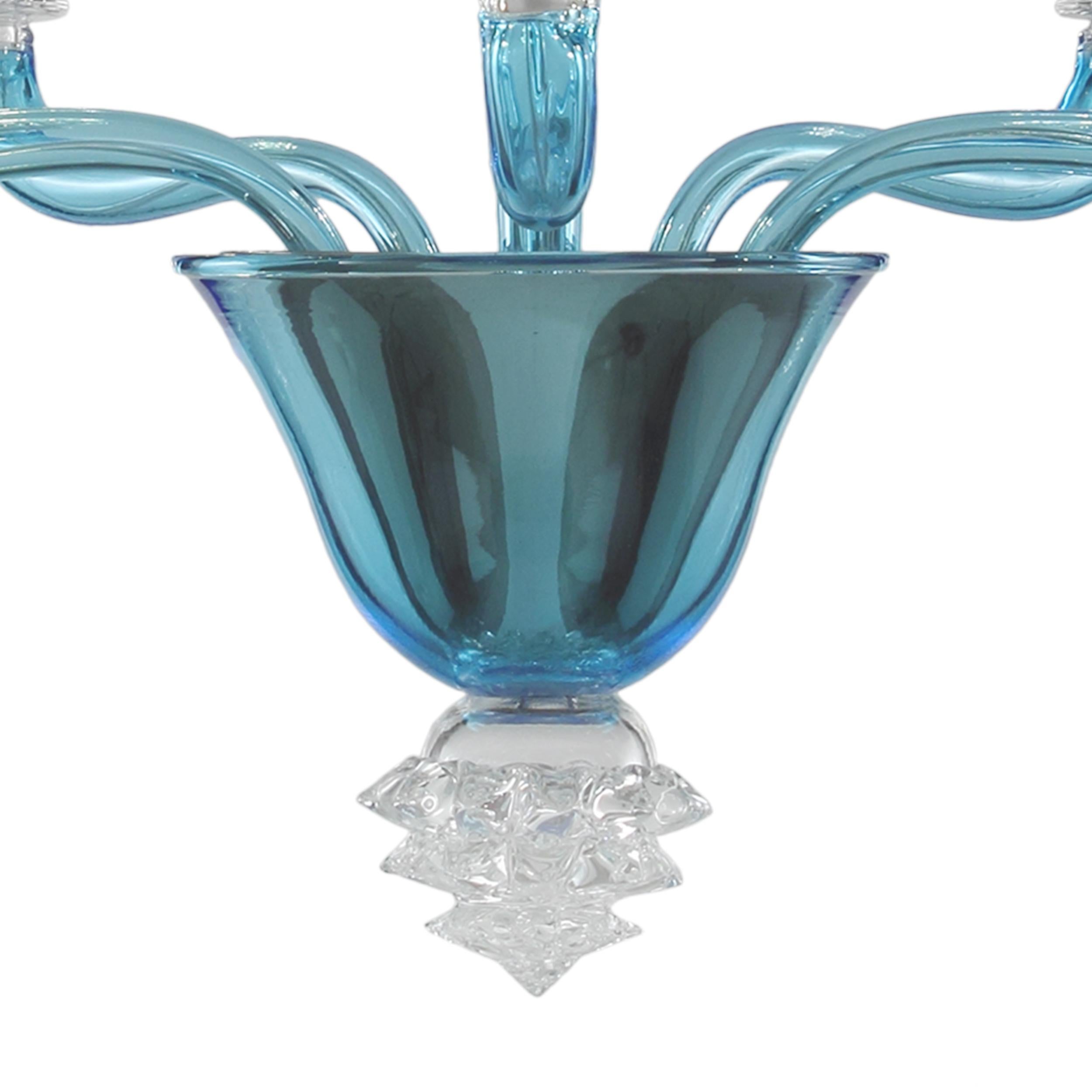 Contemporary Italian Chandelier 5 arms Sky blue and clear Rostri Murano Glass by Multiforme For Sale