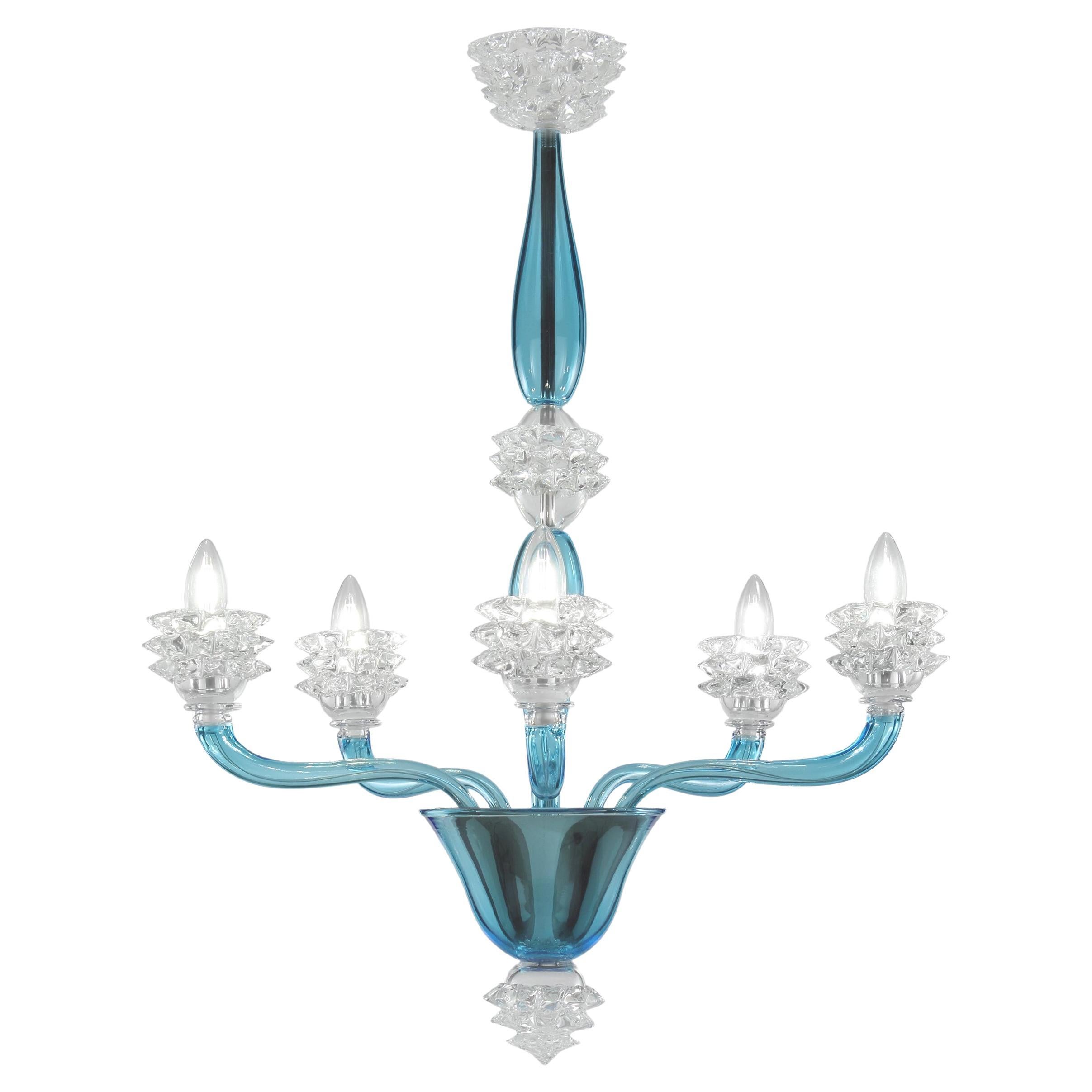 Italienischer Kronleuchter 5 Arme Himmelblau und klar Rostri Murano Glas von Multiforme im Angebot