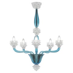 Lampadario italiano a 5 bracci in vetro di Murano blu cielo e trasparente di Multiforme