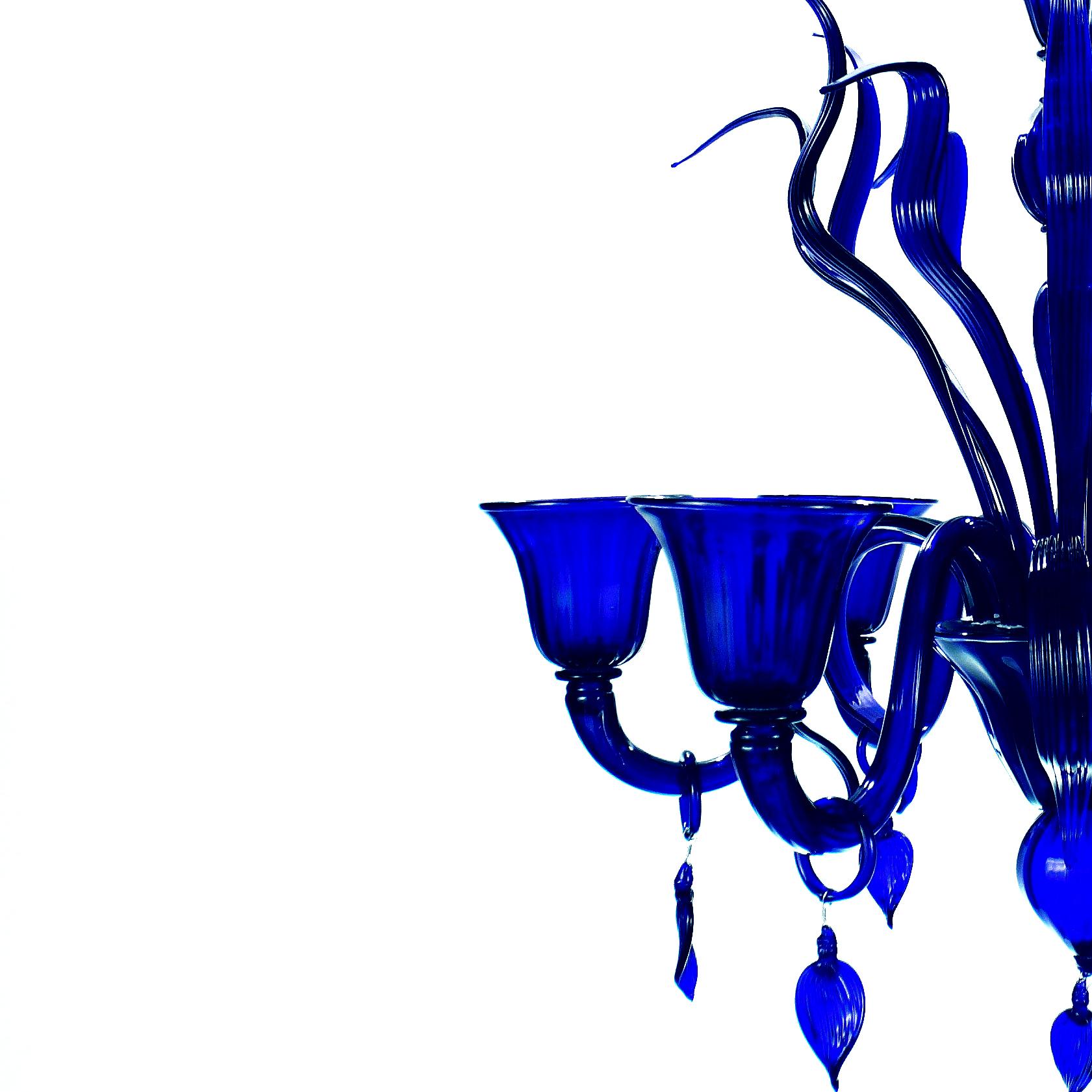 Contemporary Italian Chandelier 6 Arms Cobal Blue Murano Glass by Multiforme in Stock For Sale