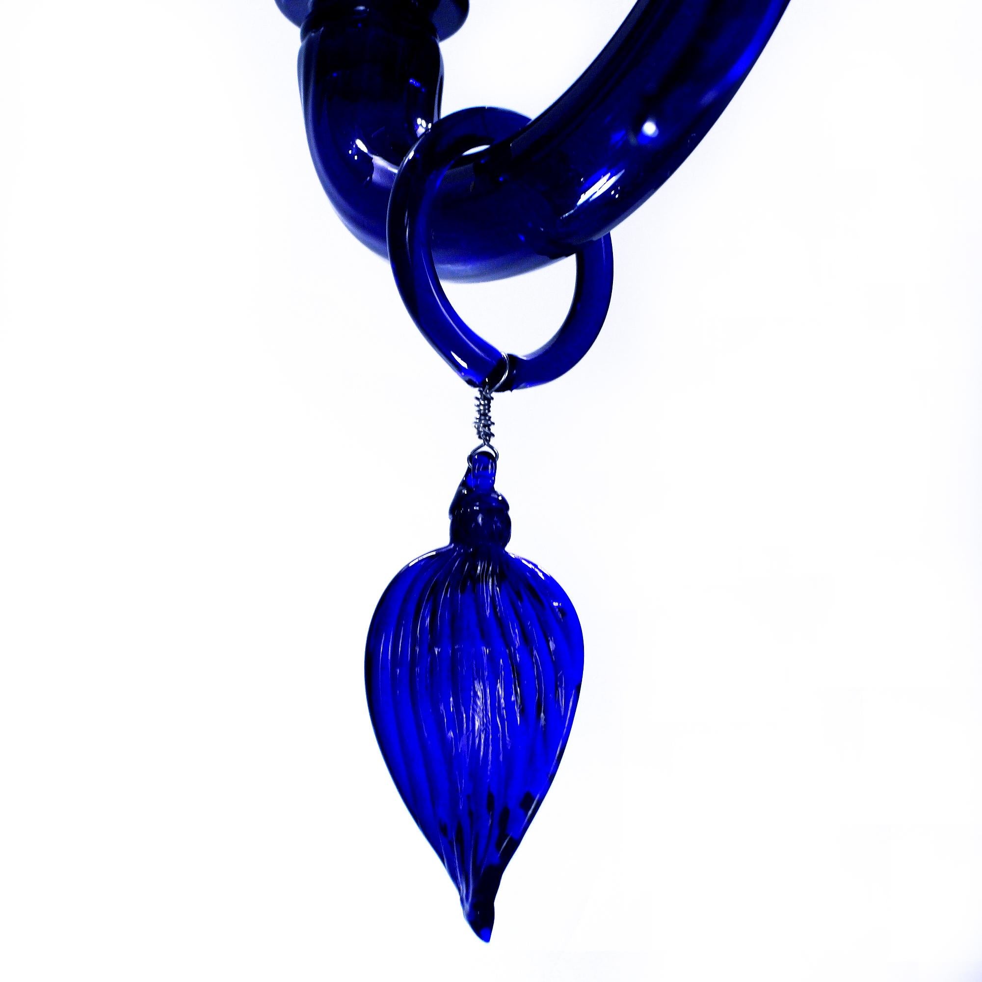 Blown Glass Italian Chandelier 6 Arms Cobal Blue Murano Glass by Multiforme in Stock For Sale