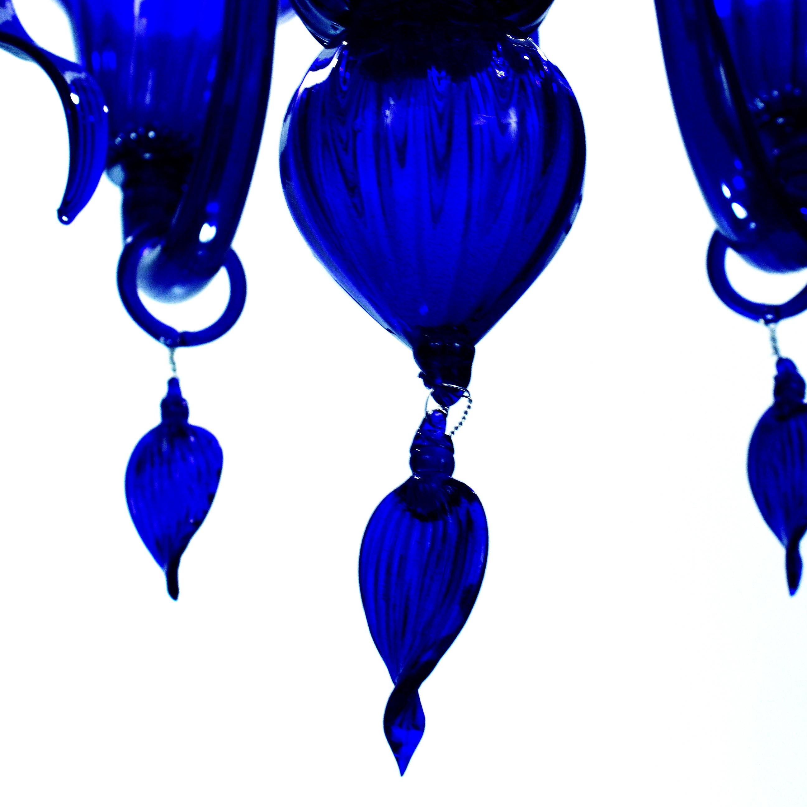 Italian Chandelier 6 Arms Cobal Blue Murano Glass by Multiforme in Stock For Sale 1
