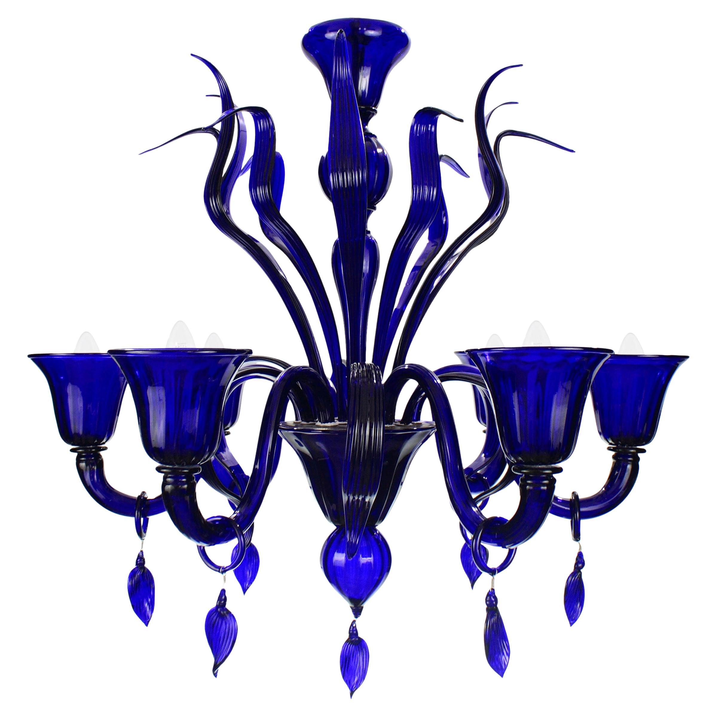 Italian Chandelier 6 Arms Cobal Blue Murano Glass by Multiforme in Stock For Sale