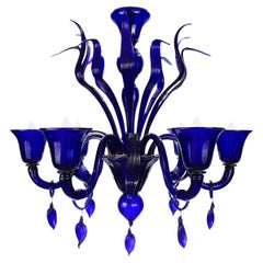 Italian Chandelier 6 Arms Cobal Blue Murano Glass by Multiforme in Stock