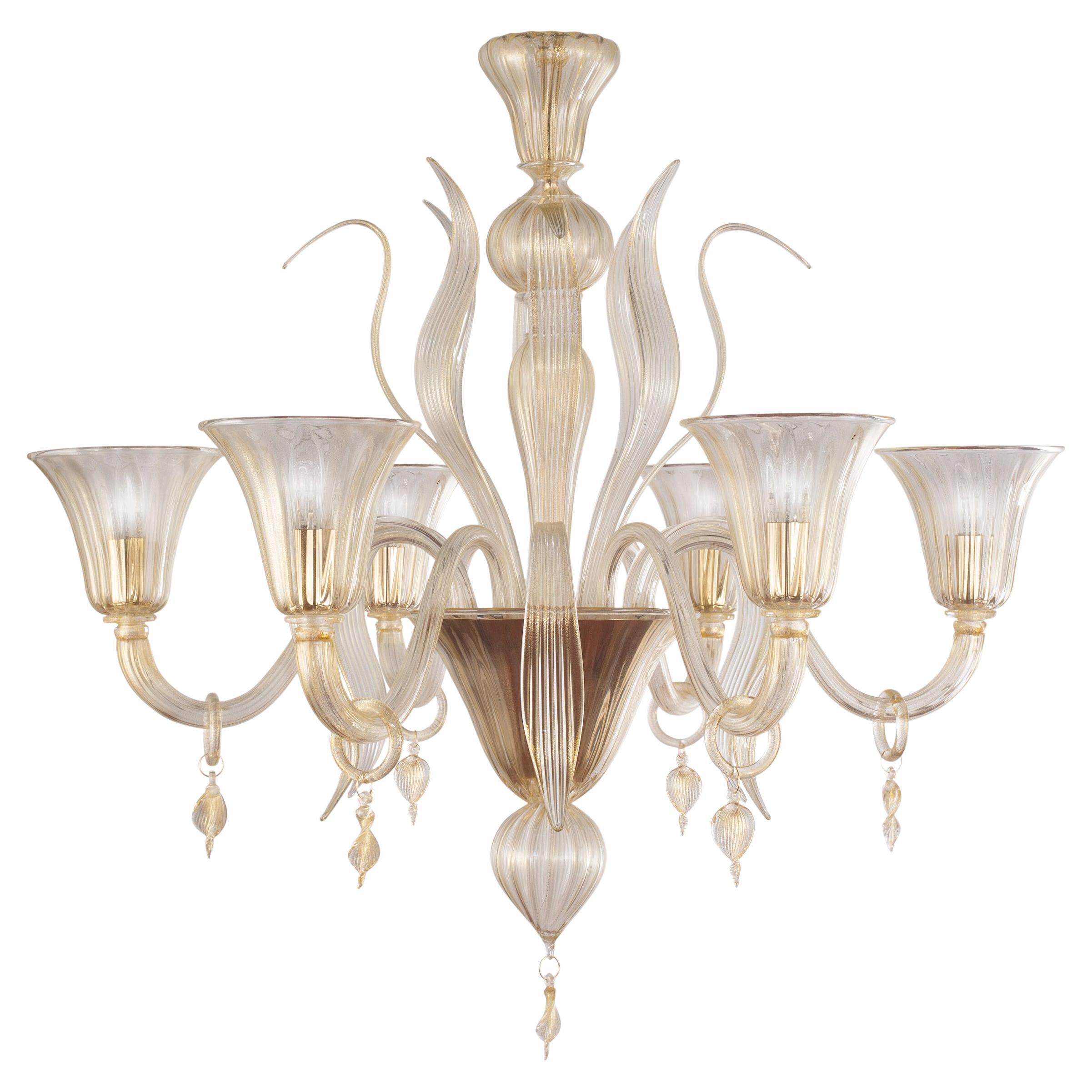 Italian Chandelier 6 arms Fluage, Gold Murano Glass by Multiforme