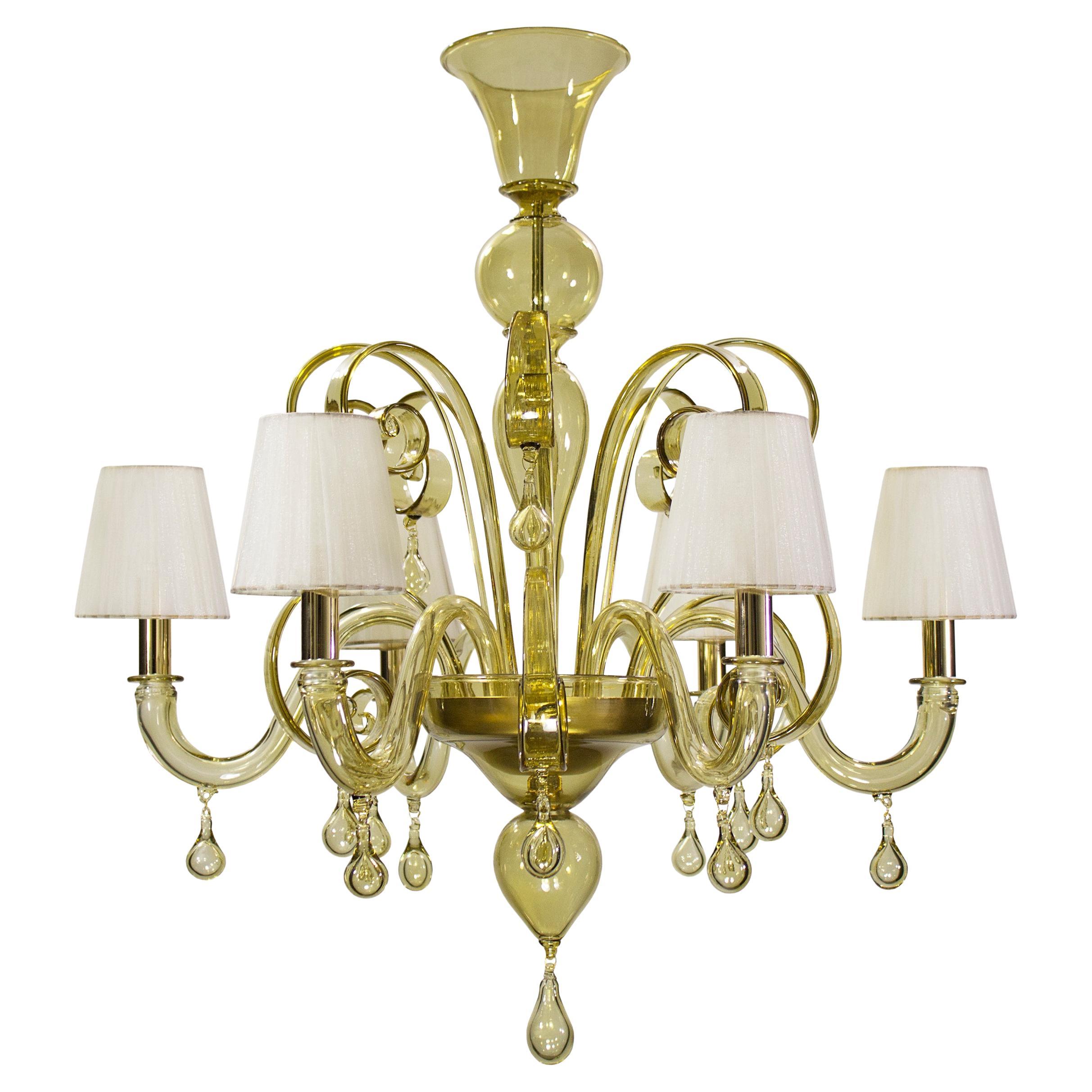 Italian Chandelier 6 Arms Smooth Straw Murano Glass and Lampshades by Multiforme