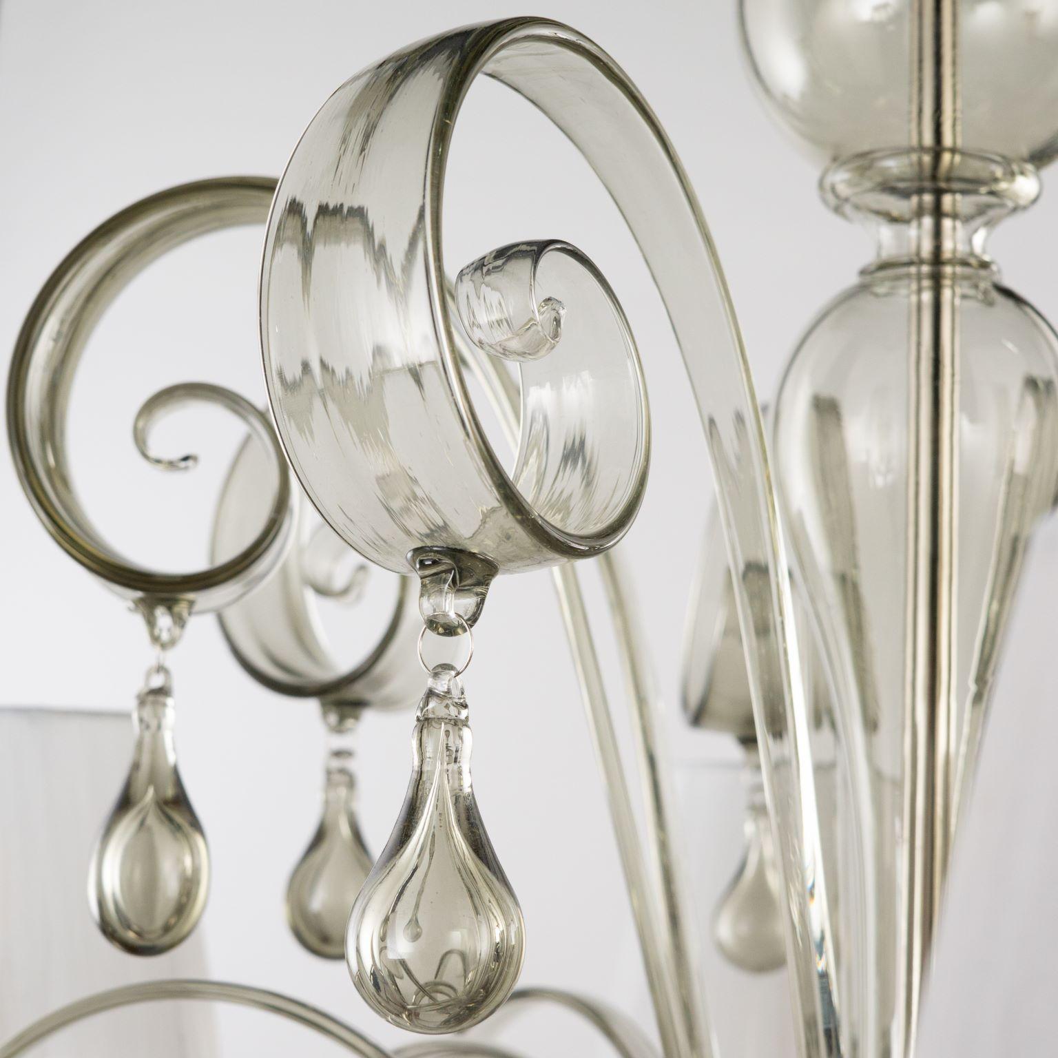 Italian Chandelier 6 Arms Smooth Grey Murano Glass with Lampshades by Multiforme For Sale 4