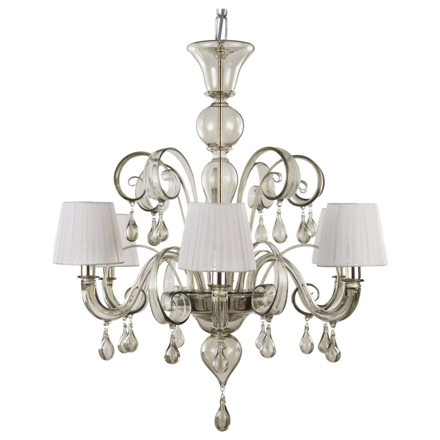 Italian Chandelier 6 Arms Smooth Grey Murano Glass with Lampshades by Multiforme For Sale