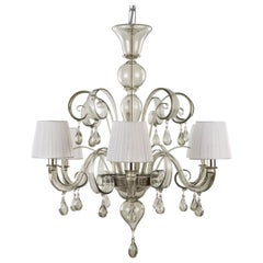 Italian Chandelier 6 Arms Smooth Grey Murano Glass with Lampshades by Multiforme