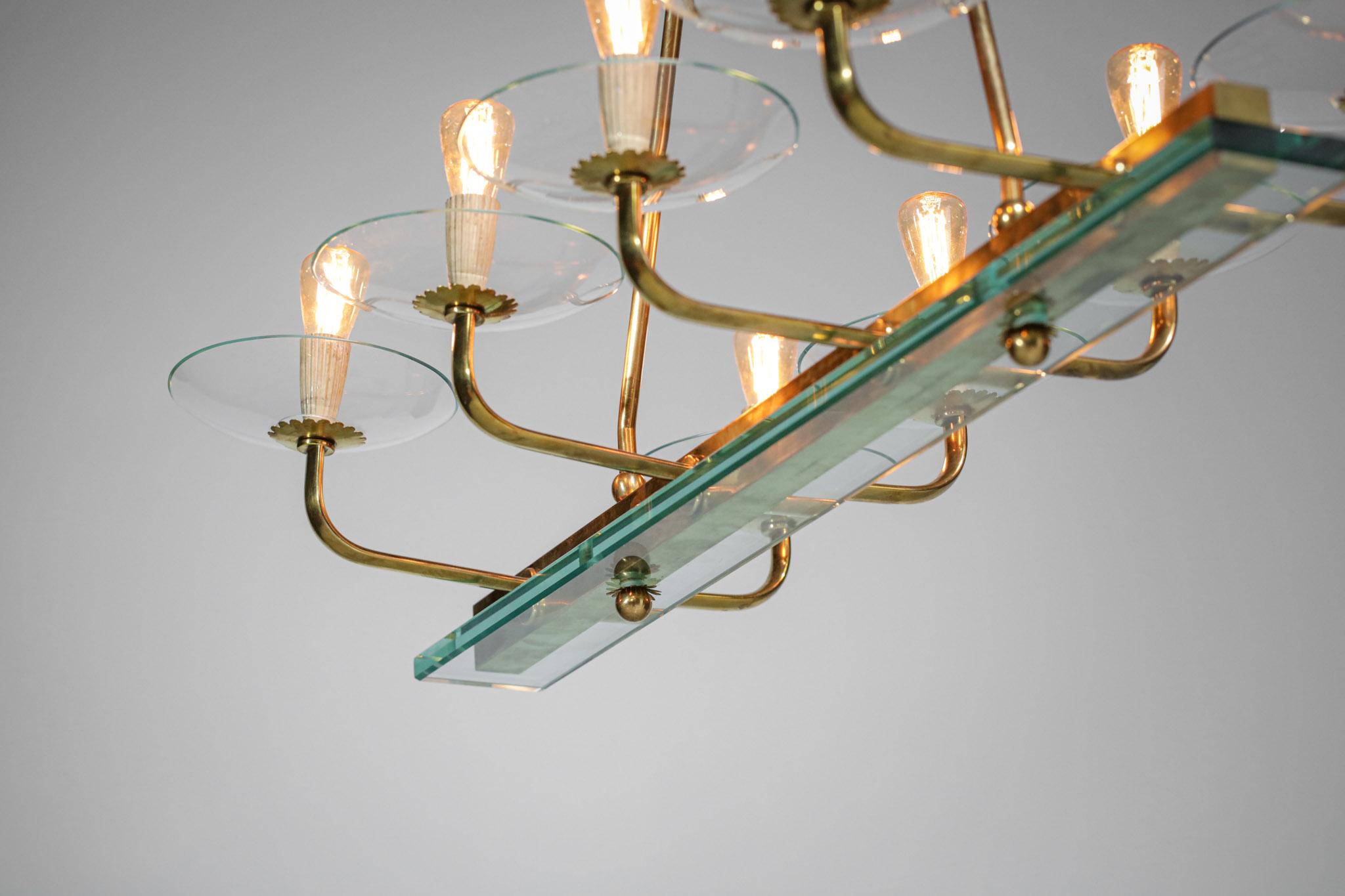 Mid-20th Century Italian Chandelier 8 Lampshades 60's Brass and Glass Period of Fontana Arte