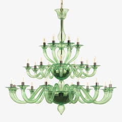 Italian Chandelier Art Glass Murano, Contemporary 27 Lights, Clear Green