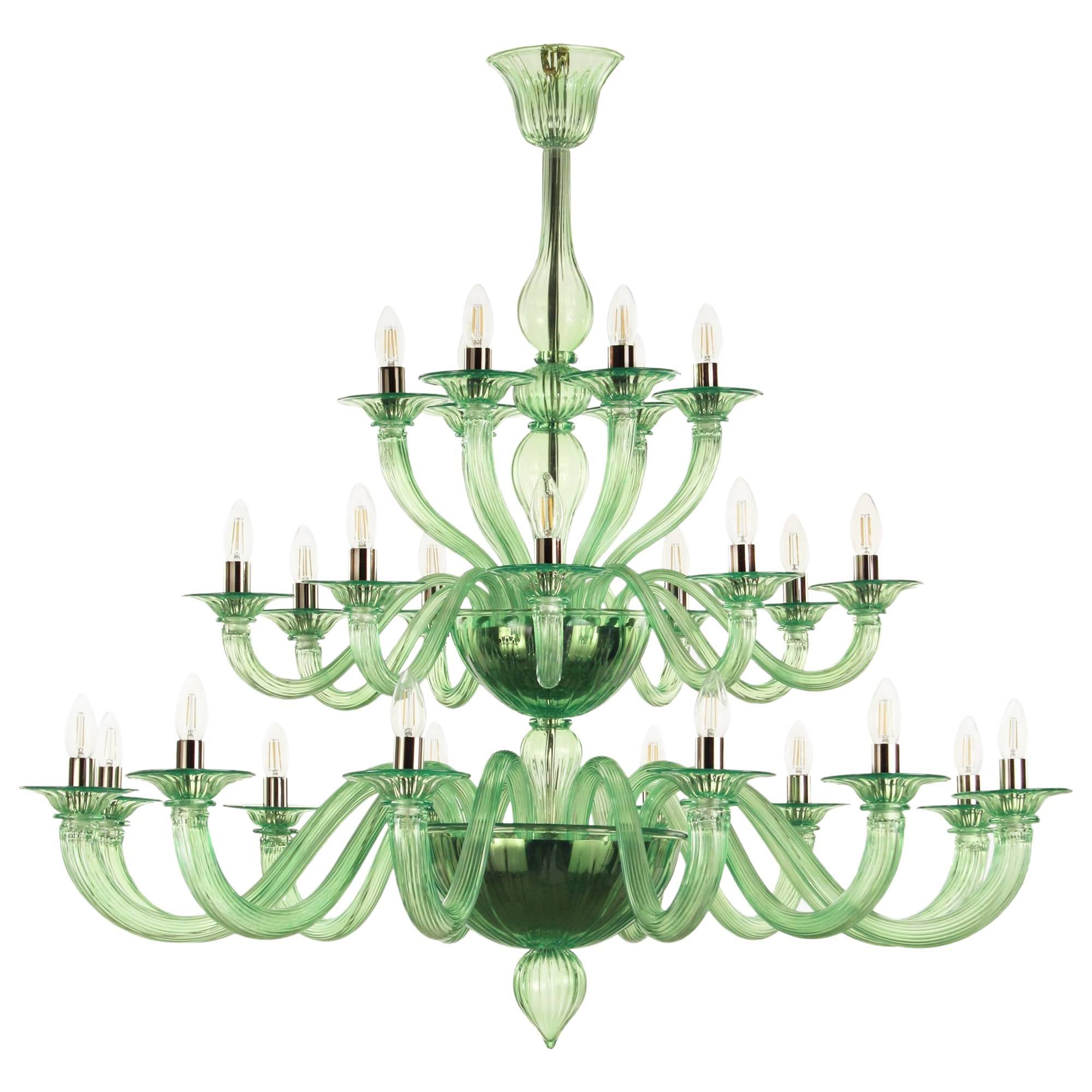 Italian Chandelier Art Glass Murano, Contemporary 27 Lights, Clear Green For Sale