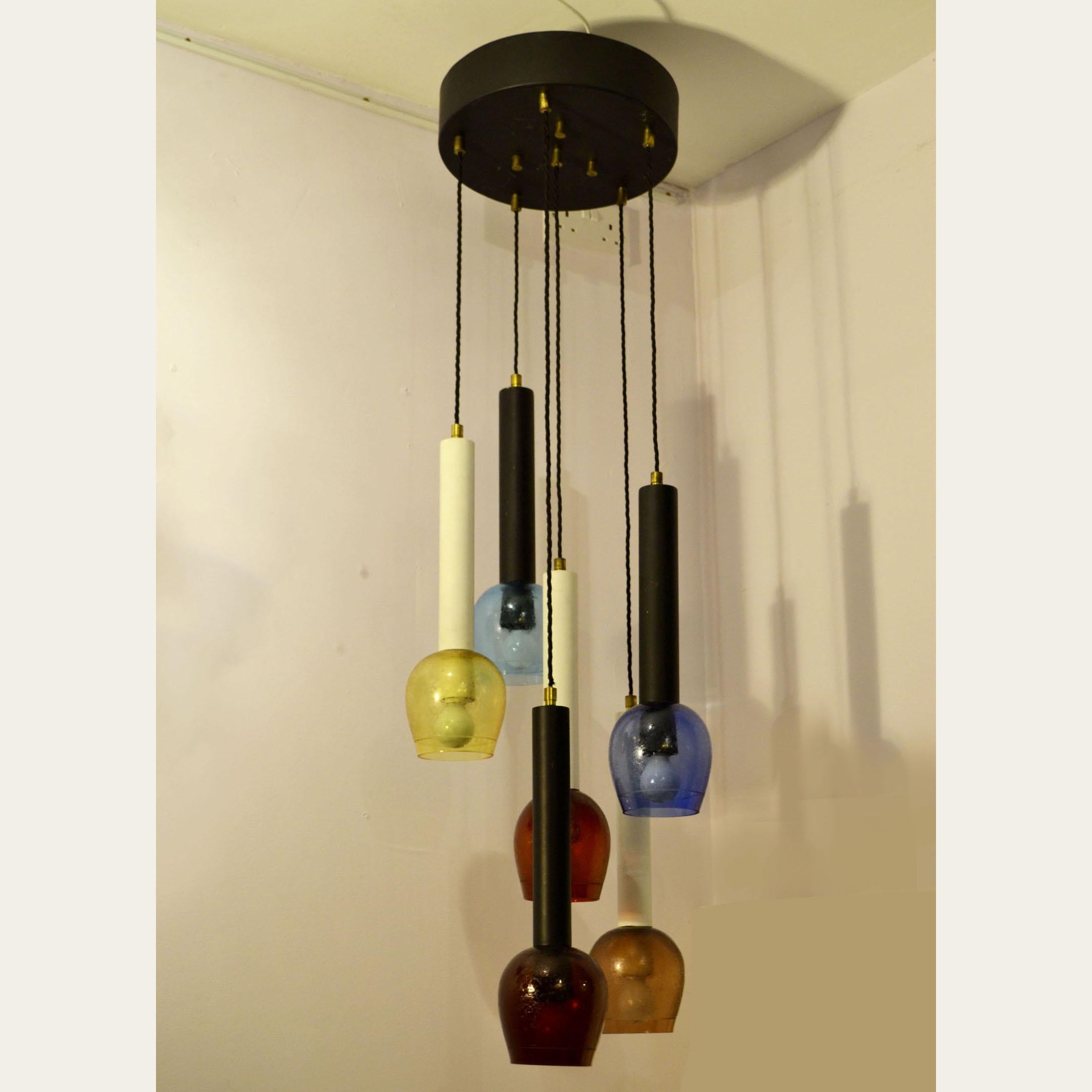Mid-Century Modern Chandelier Attributed to Stilnovo Hand Blown Colored Glass, 1960s, Italy