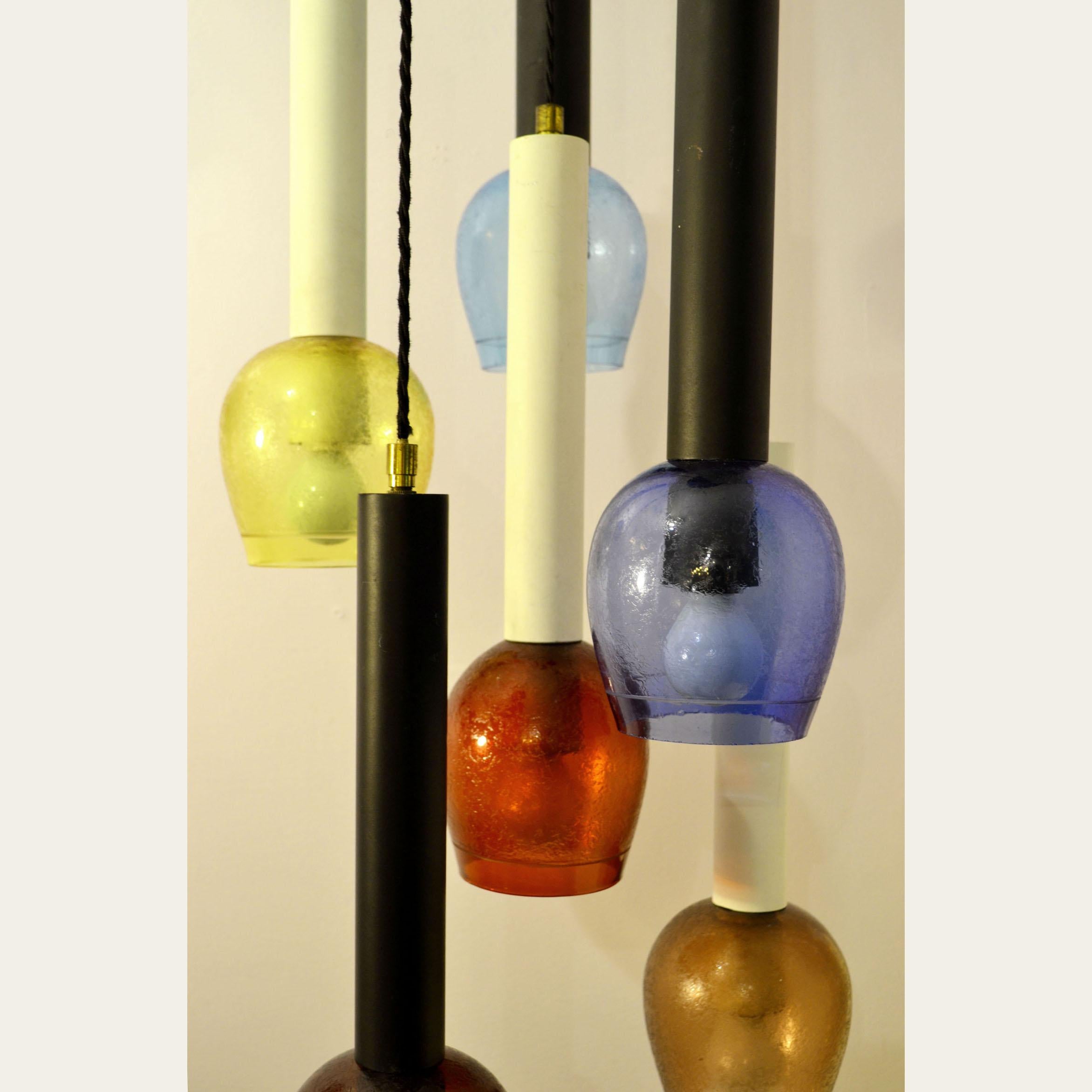 Metal Chandelier Attributed to Stilnovo Hand Blown Colored Glass, 1960s, Italy
