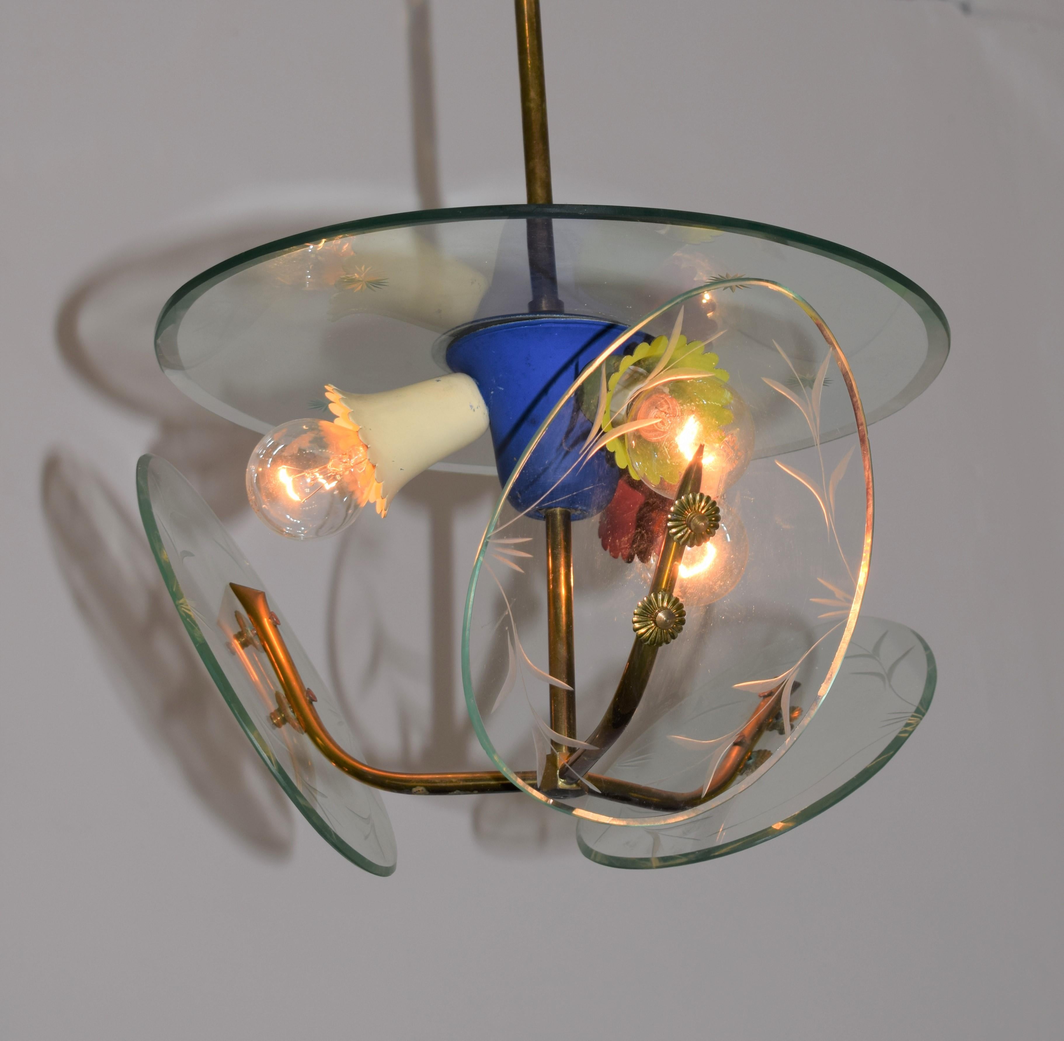 Mid-Century Modern Italian Chandelier, Brass, Aluminum and Glass, 1950s For Sale