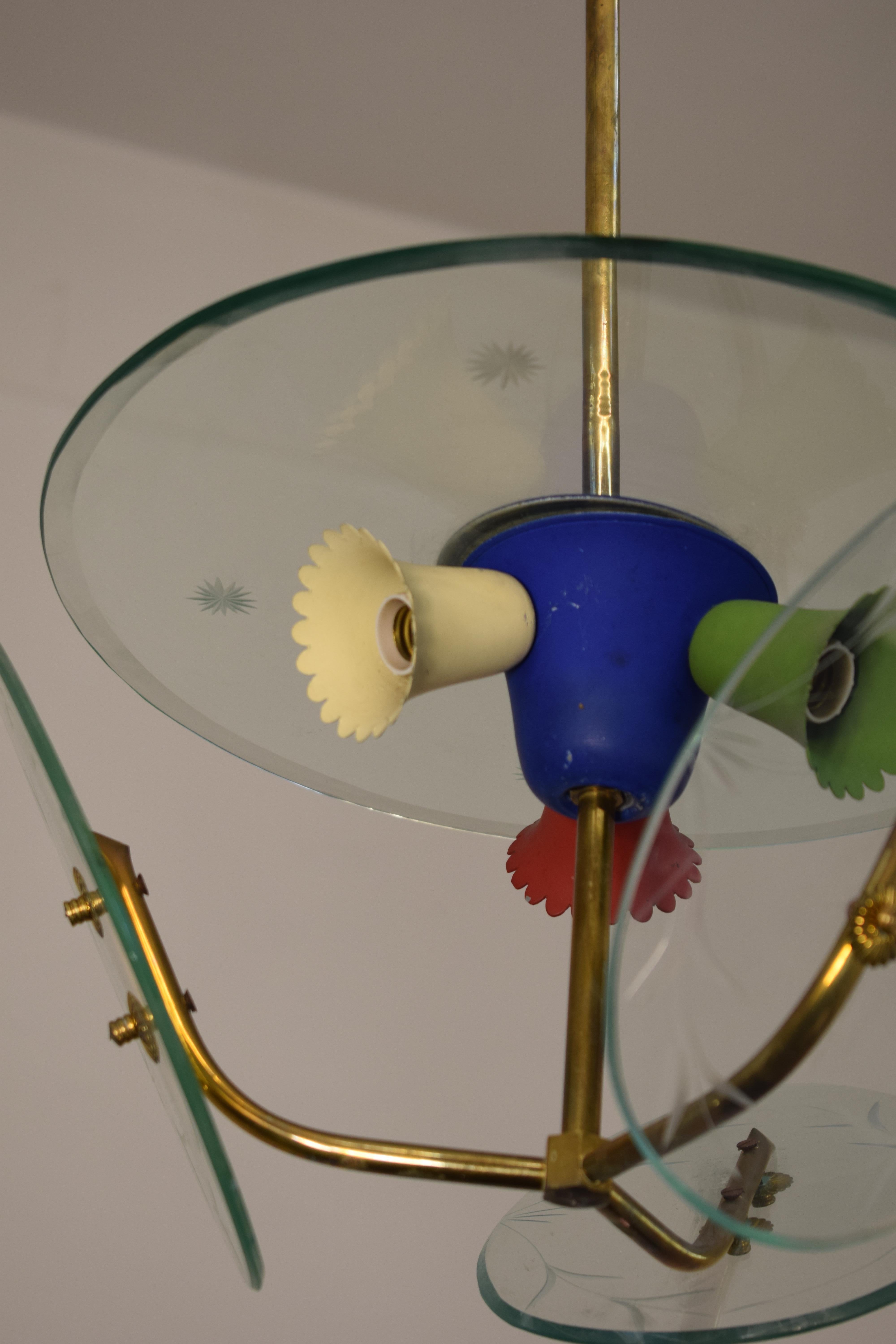 Mid-20th Century Italian Chandelier, Brass, Aluminum and Glass, 1950s For Sale