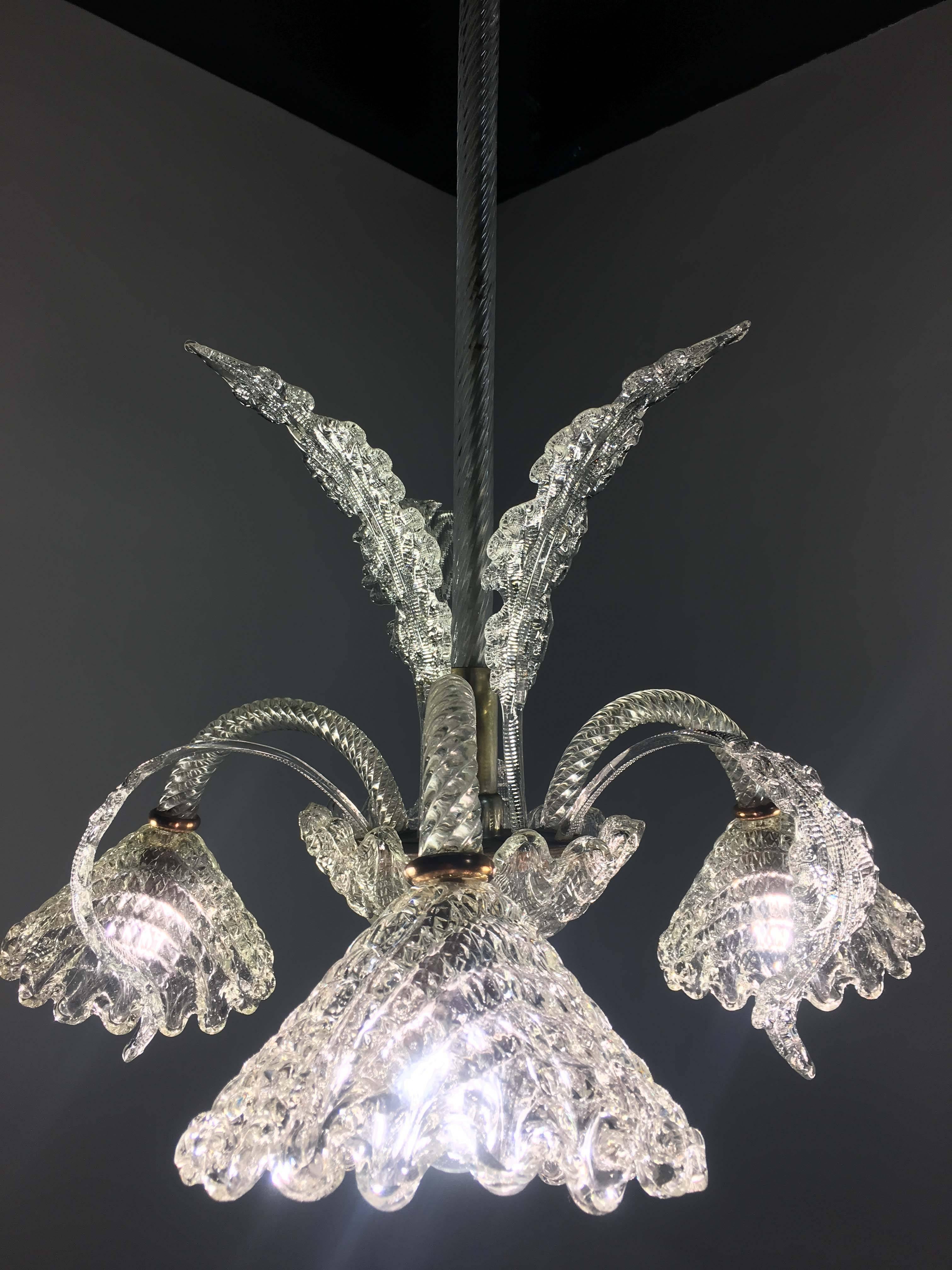 Brass Italian Chandelier by Ercole Barovier, Murano, 1940 For Sale